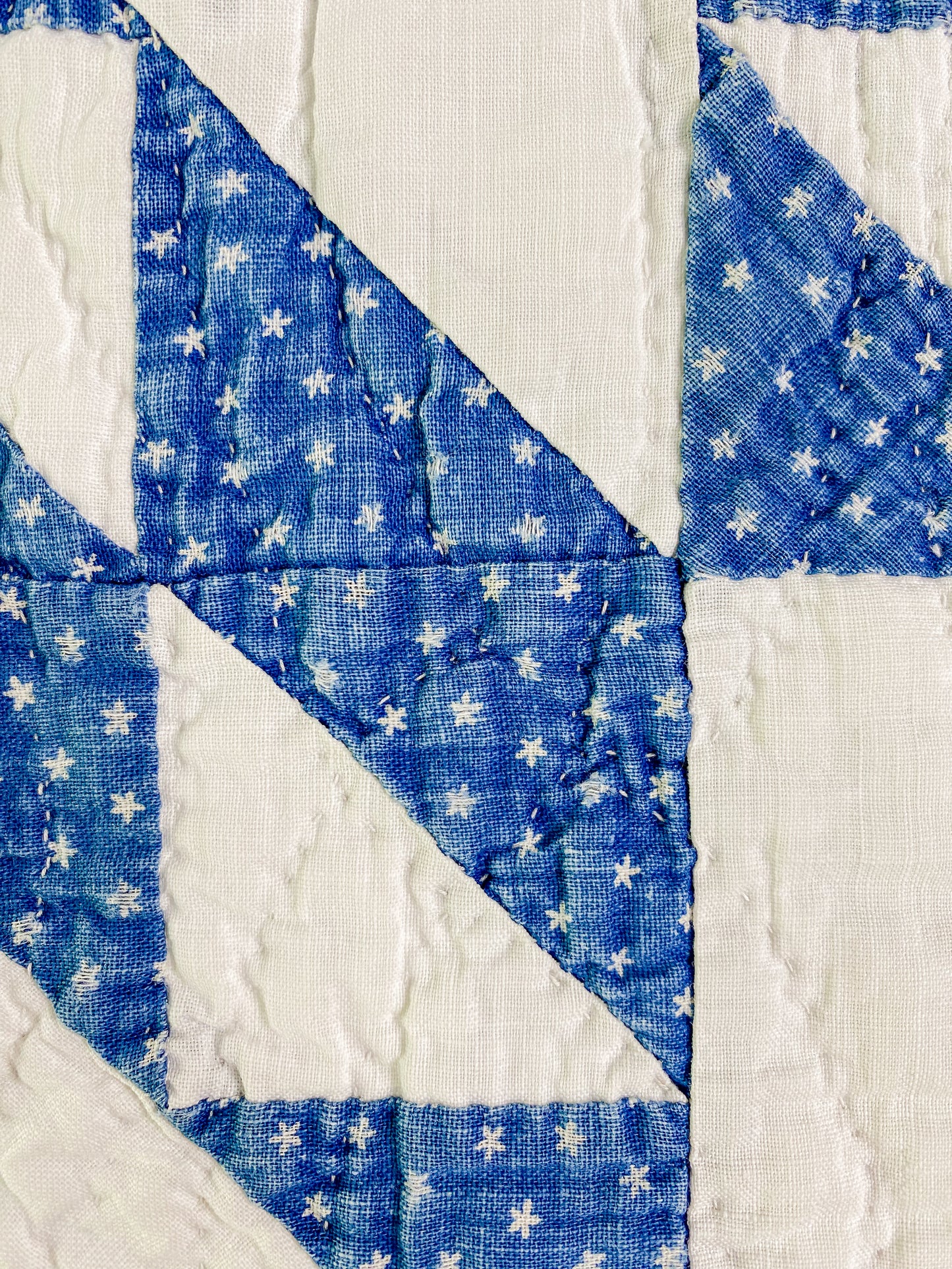 Vintage Blue & White Pinwheel Touching Stars Quilt, c1920