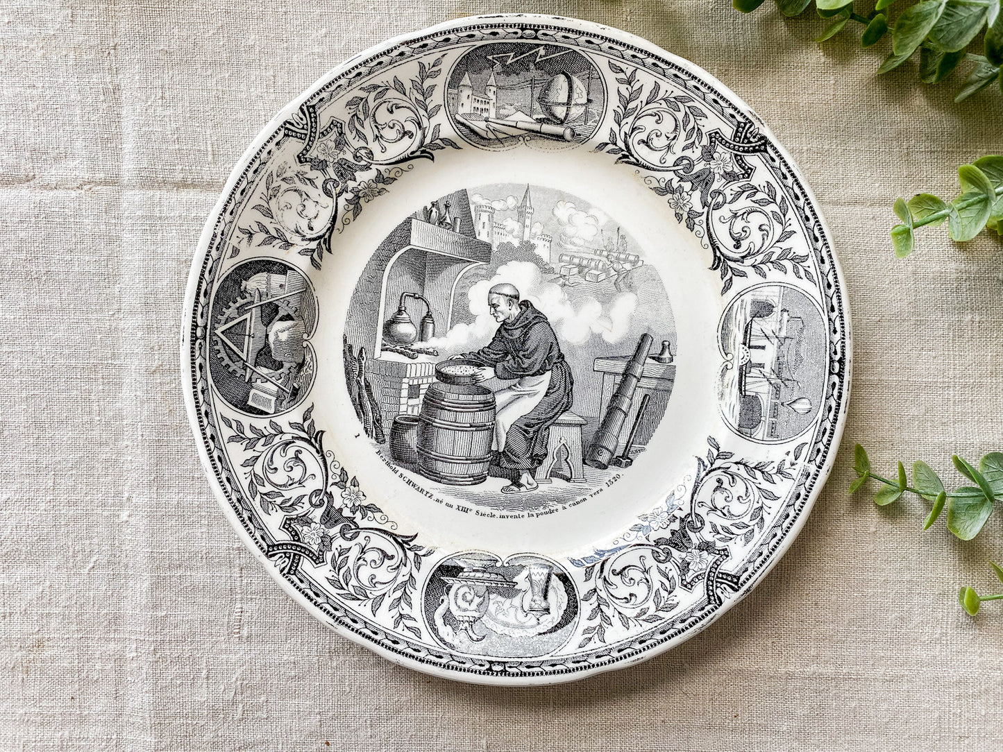 Antique French Conversation Plate - Barthold Schwartz, Sarreguemines