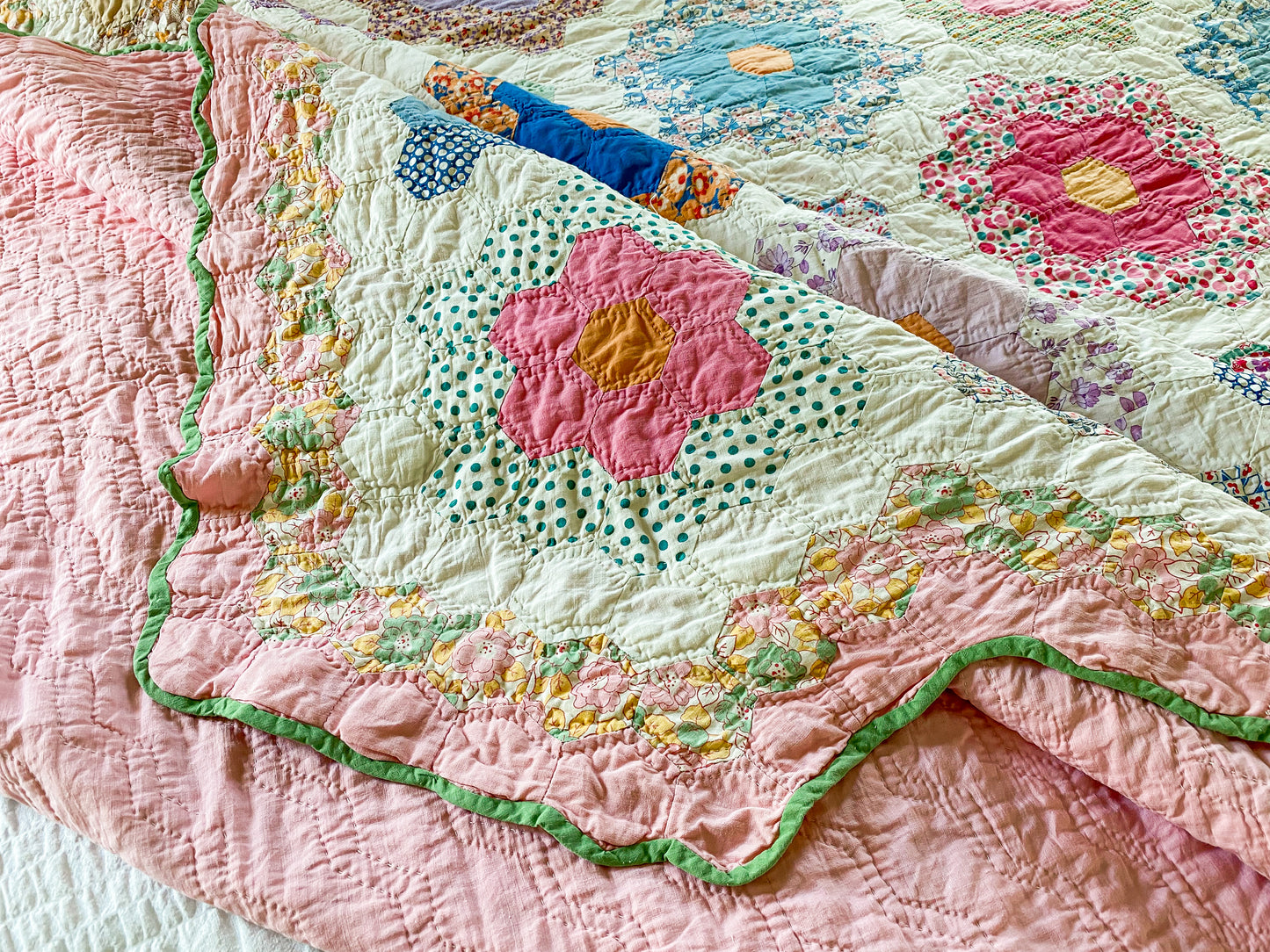 Vintage Pink and Green Grandmother's Flower Garden Quilt