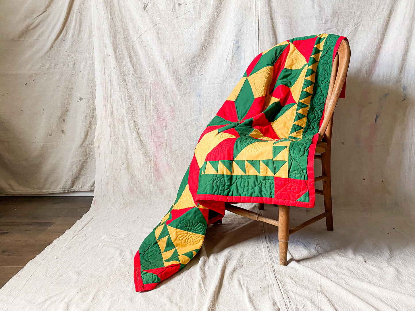 Vintage Quilted Wall Hanging Lap Quilt | Signed Red Yellow Green Broken Star with Sawtooth Border Quilt