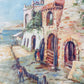 Vintage Original Oil Painting of European Wharf Scene, c1930