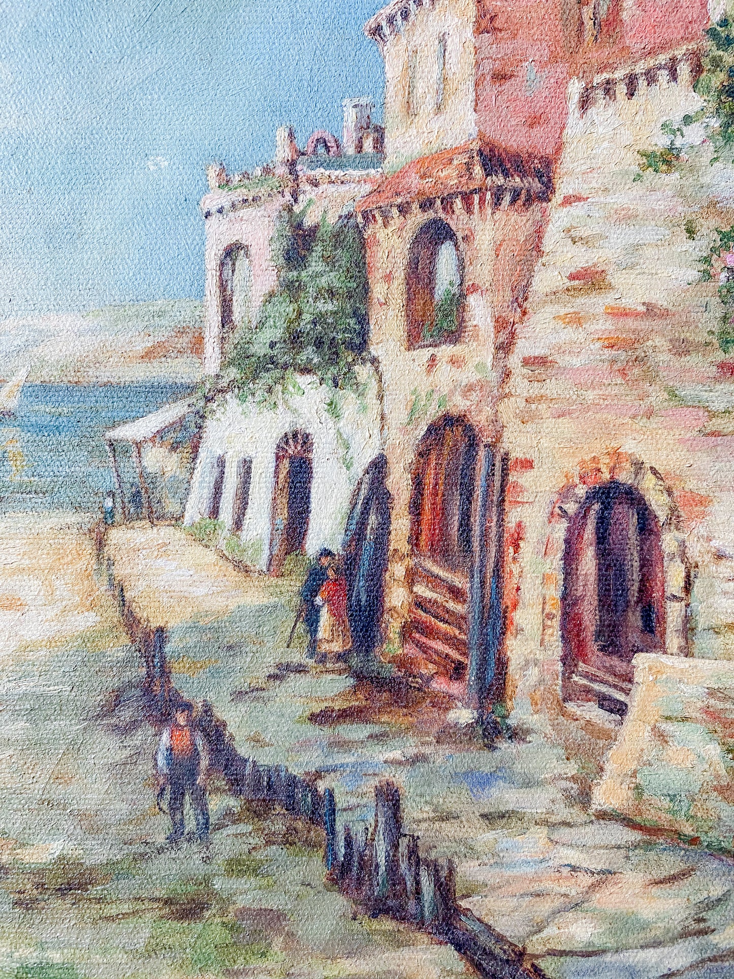 Vintage Original Oil Painting of European Wharf Scene, c1930