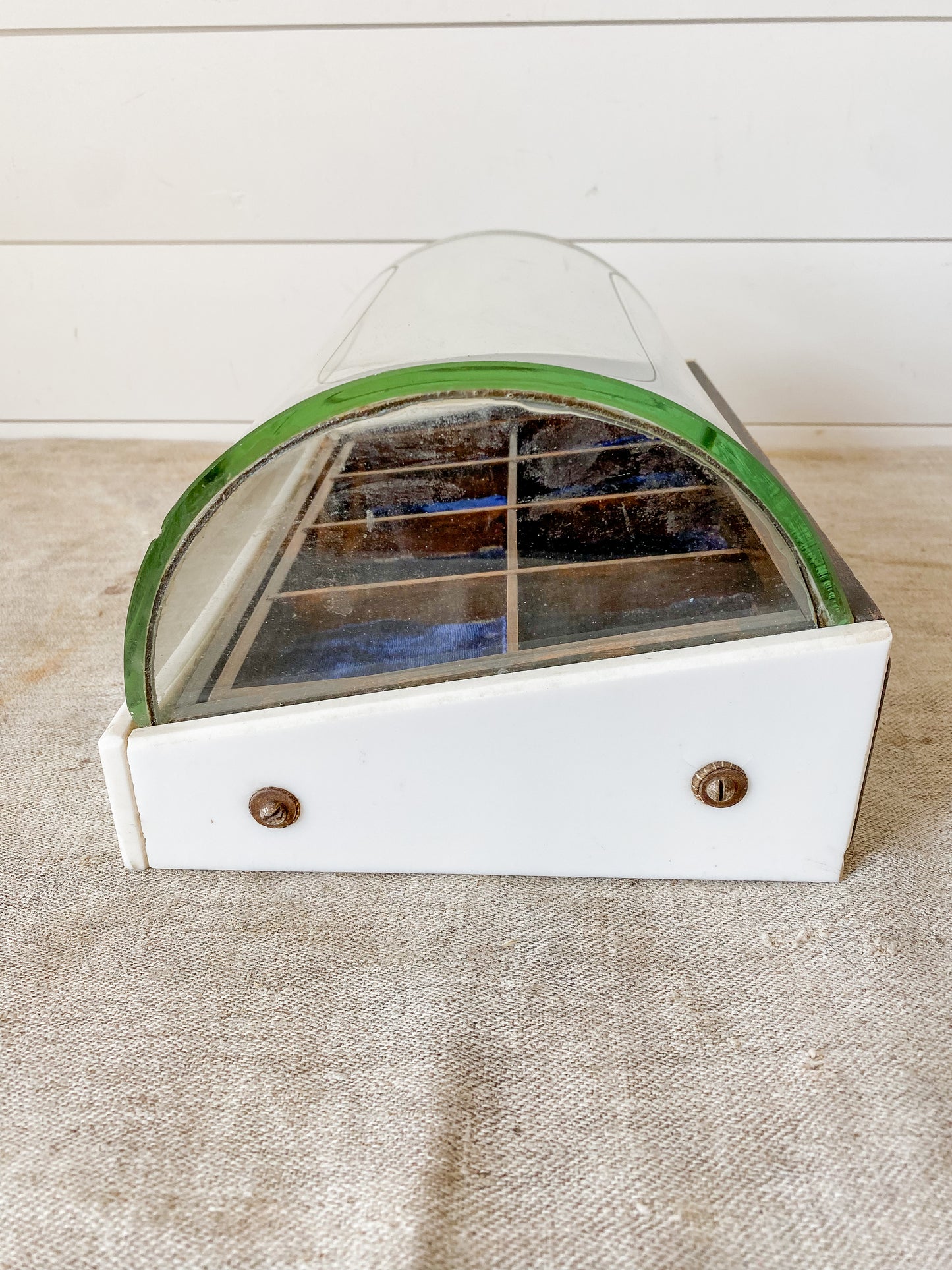 Antique Porcelain and Curved Glass Collar Stud Display Case with Velvet Lined Compartments, c1910