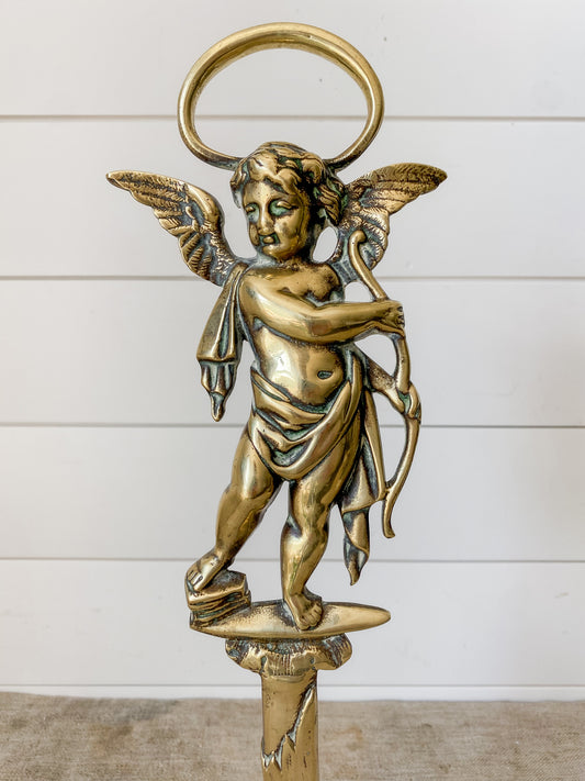 Antique Early Victorian Brass & Cast Iron Cherub Door Stop, c1840