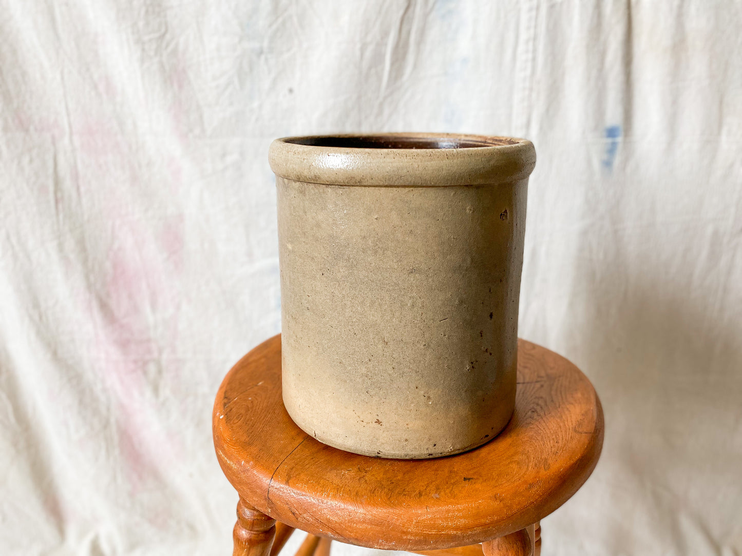 Antique Primitive Greige Salt Glazed Crock | Rustic Farmhouse Kitchen | Antique Stoneware Jar