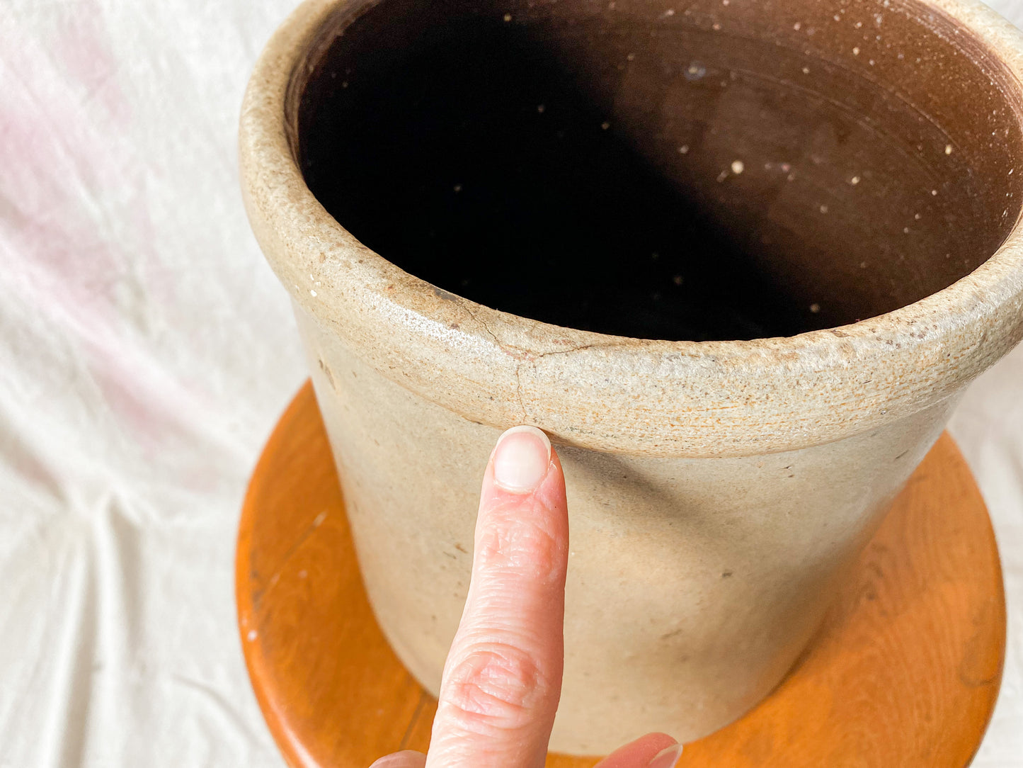 Antique Primitive Greige Salt Glazed Crock | Rustic Farmhouse Kitchen | Antique Stoneware Jar