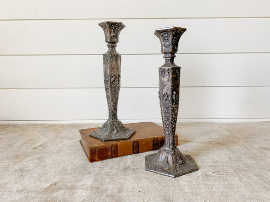 Vintage Weidlich Brothers Dutch Windmill Repousse Silver Plate Candle Stick Holders Pair