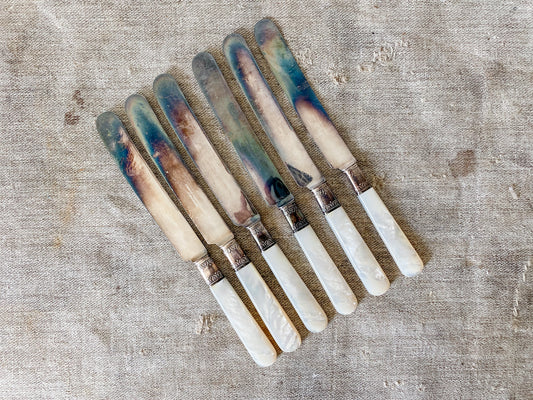 Antique Set of 6 Dinner Knives with Mother-of-Pearl Handles and Sterling Ferrules