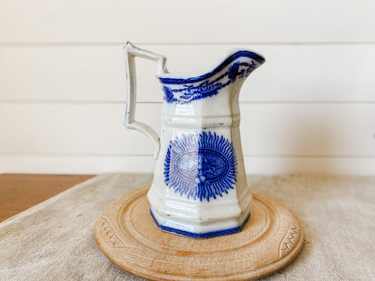 Antique Early Flow Blue Ironstone Water Pitcher with Unusual Design