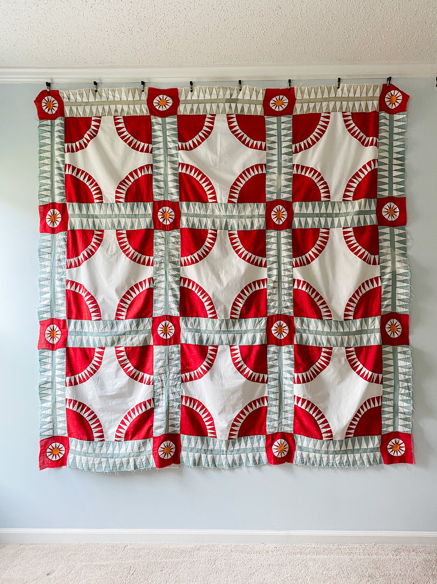 Antique New York Beauty Quilt TOP | Rocky Road Red Green Cheddar and White Unfinished Quilt