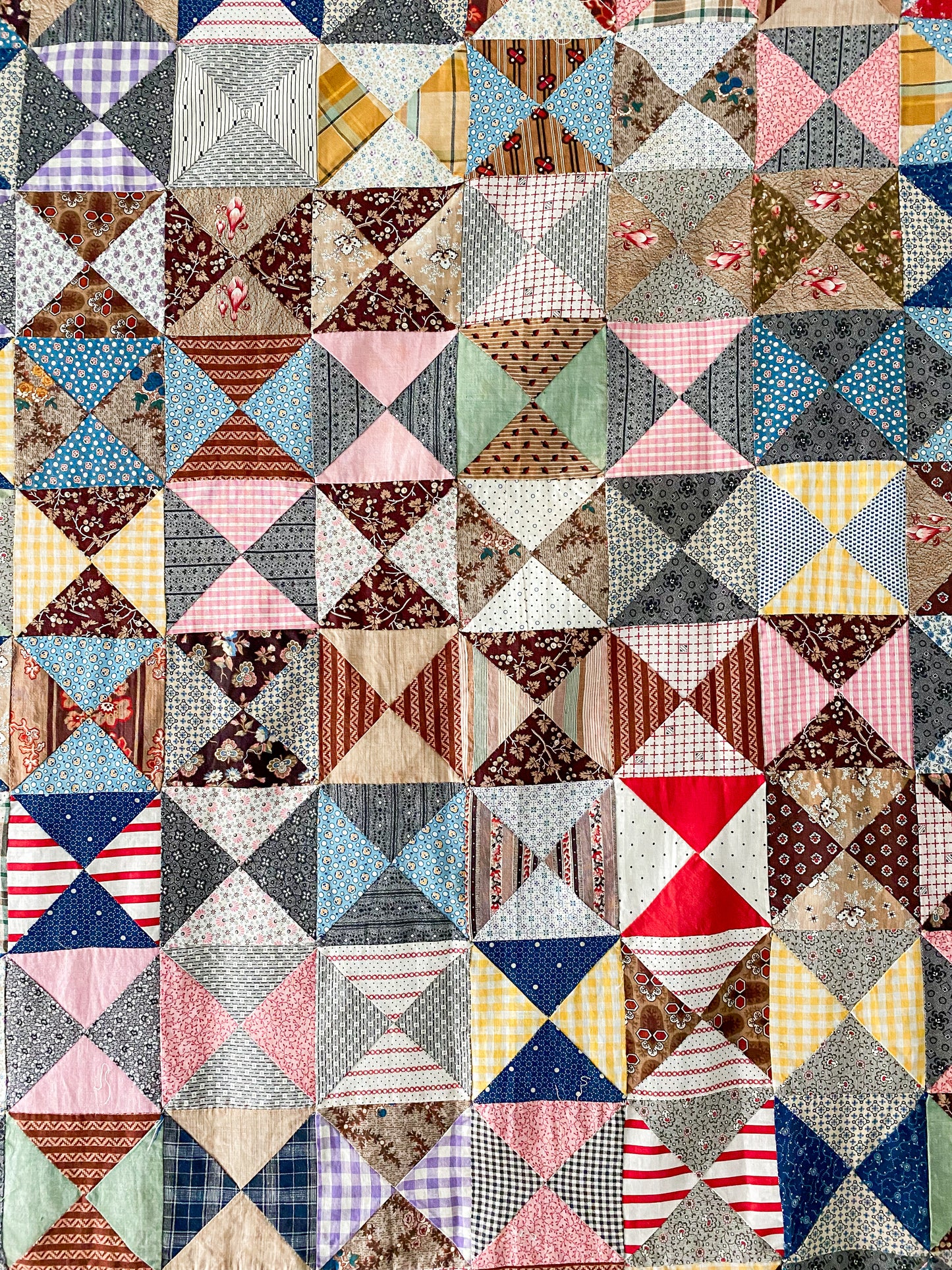 Antique Yankee Puzzle Quilt TOP | Mid 1800s Chintz and Calico Fabrics