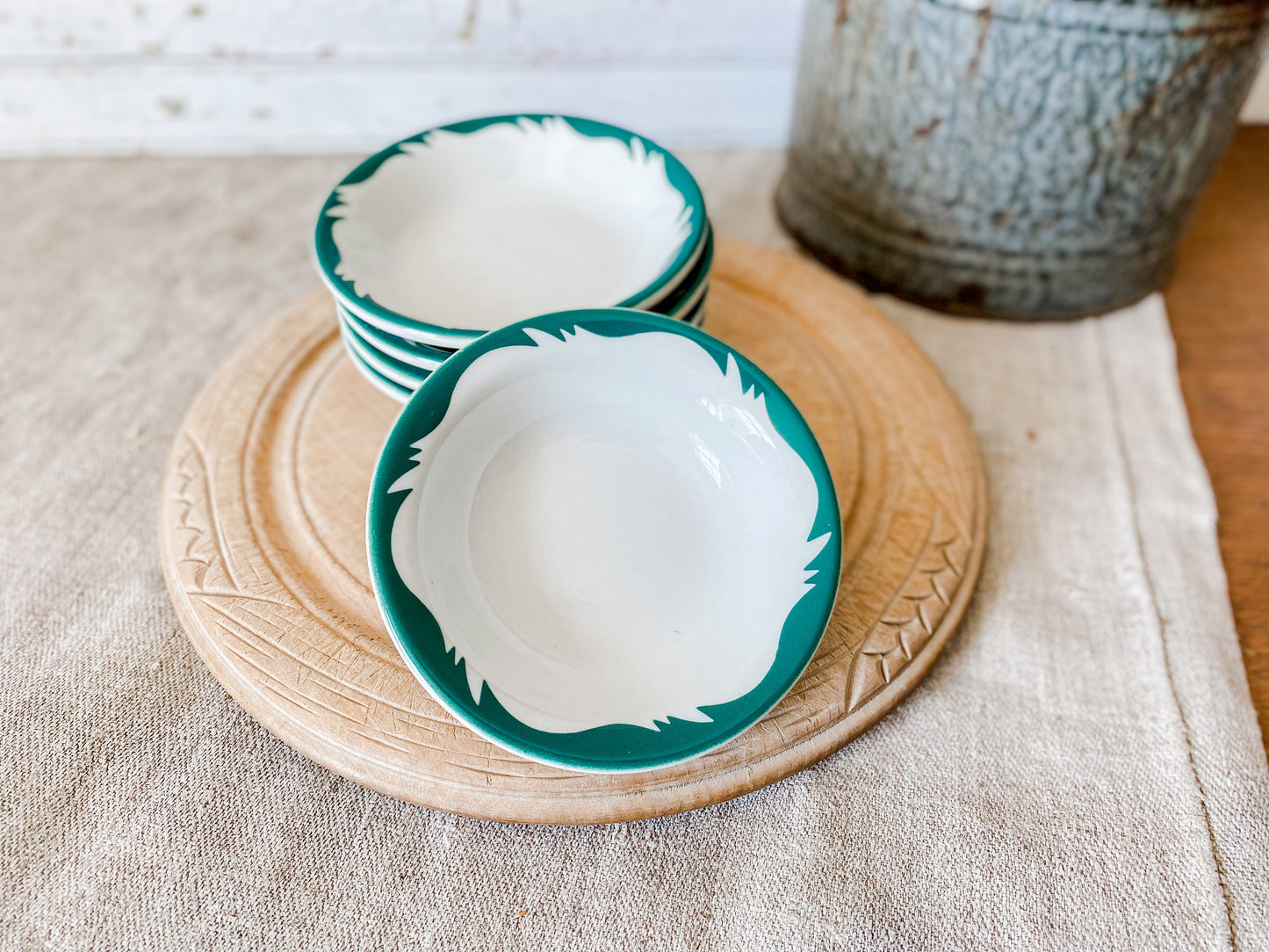Set of 5 Vintage Berry Bowls | White and Green Caribe Puerto Rico 1960s Restaurant Ware