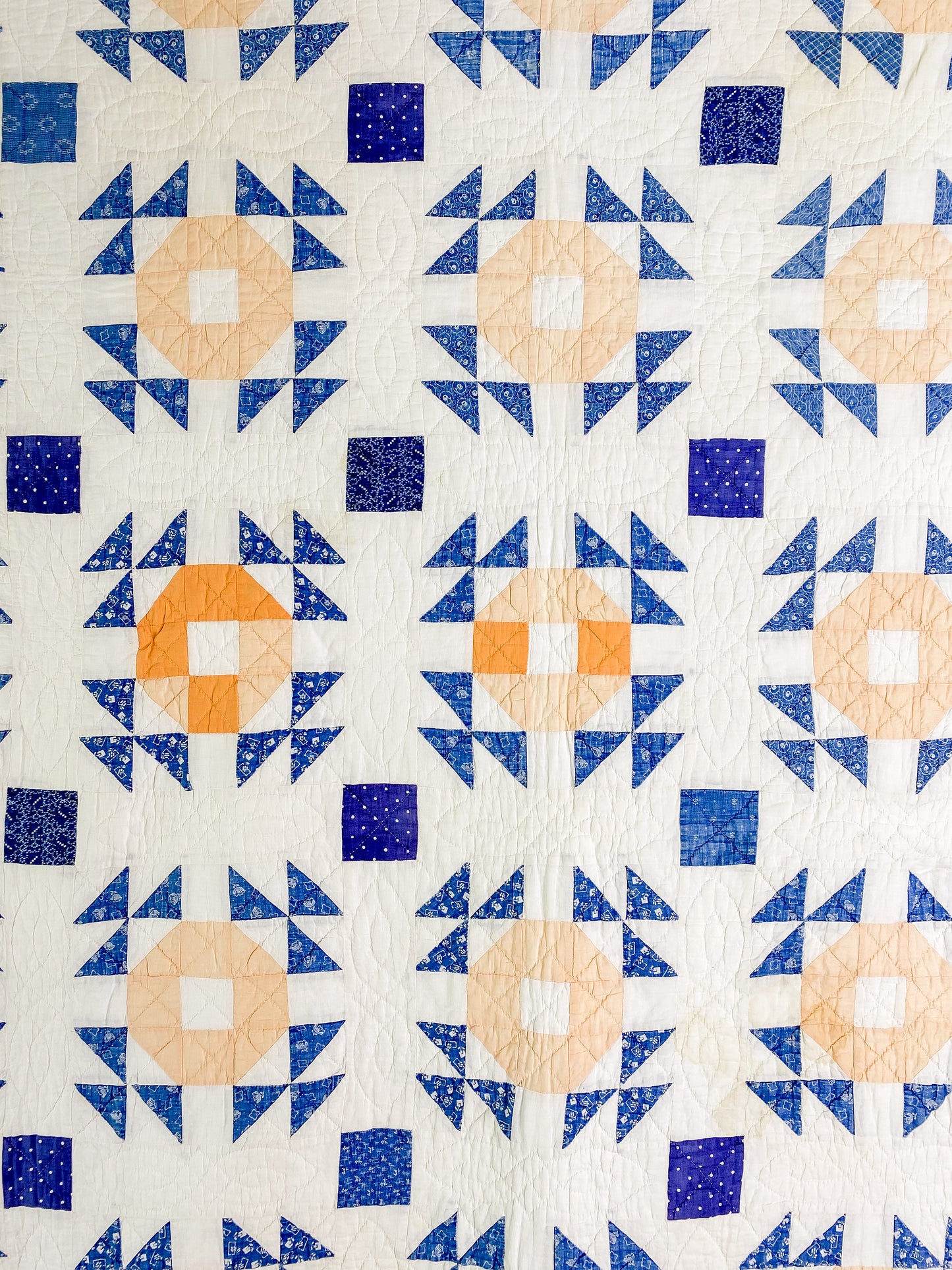 Vintage Blue and Peach Crown of Thorns Quilt, c1930s