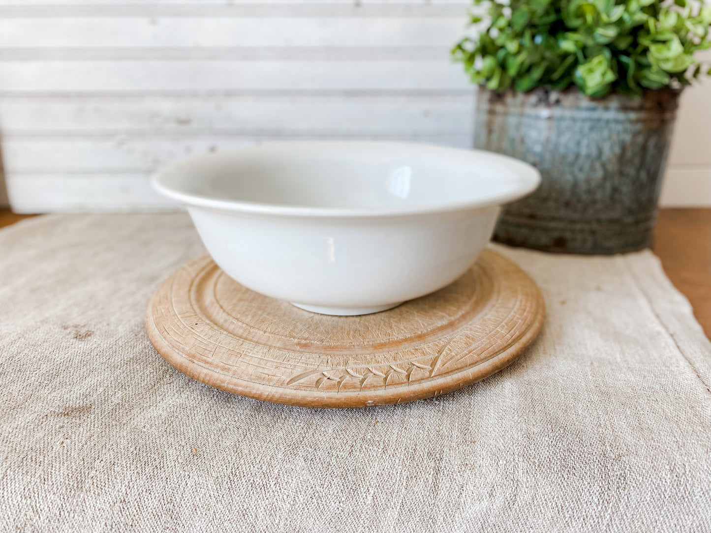 Vintage White Flared Serving Bowl | Simple Cottage Style Centerpiece
