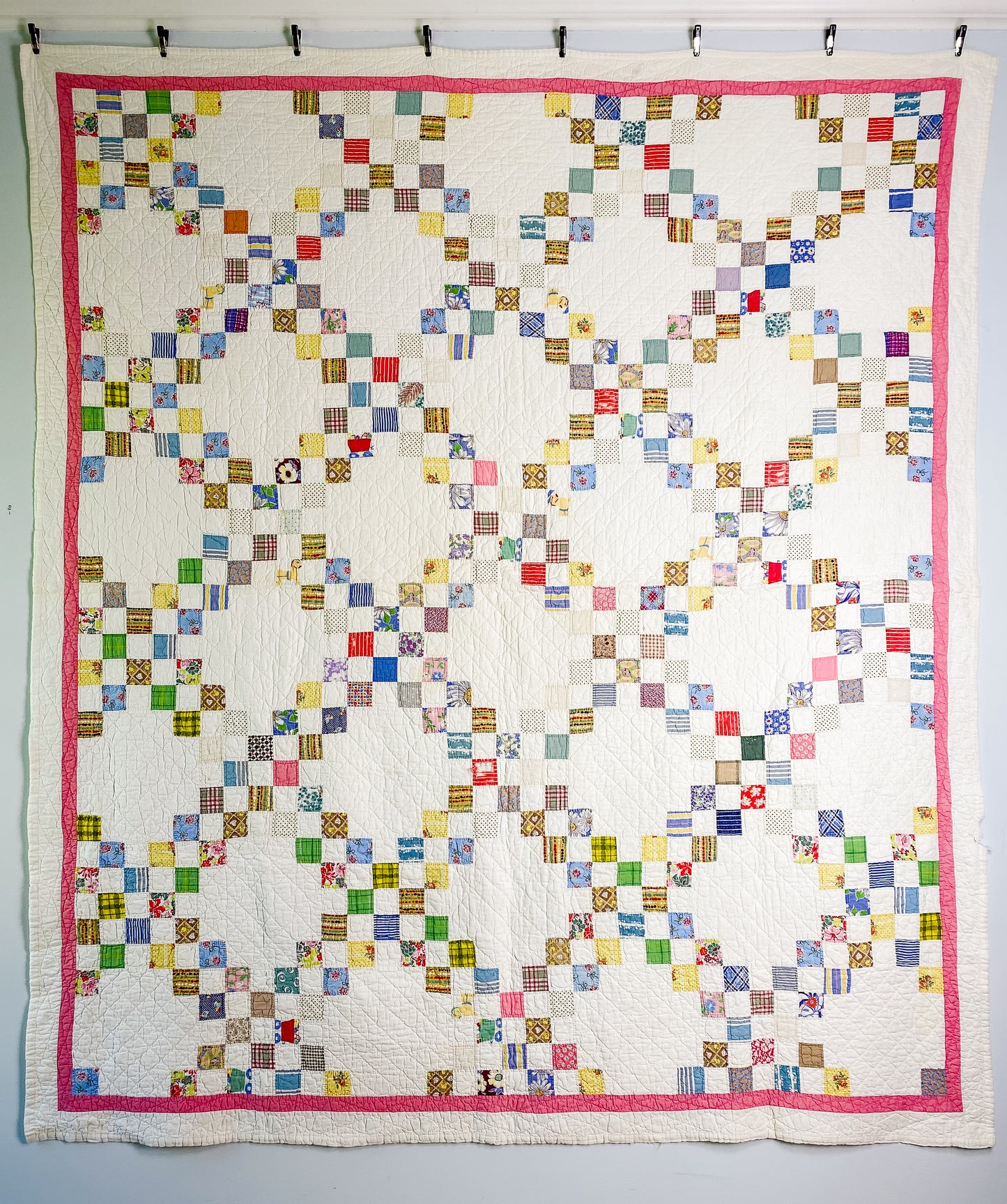 Vintage Pink and White Double Irish Chain Quilt, c1950