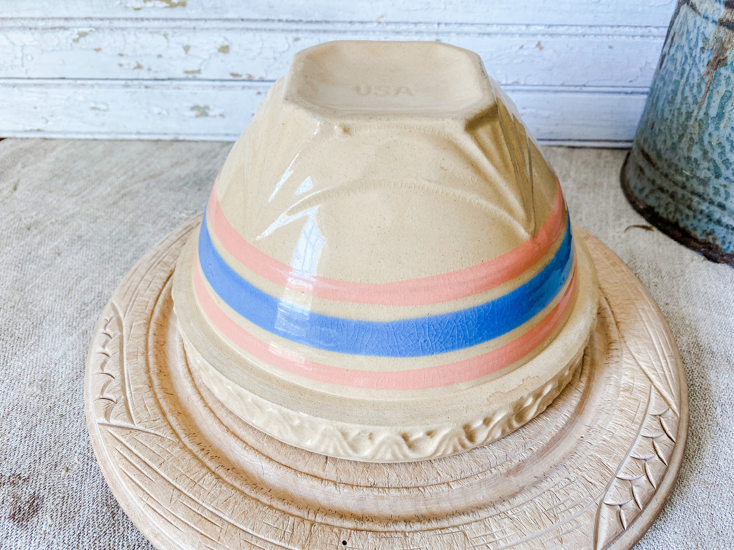 Antique Yellow Ware 7" Mixing Bowl | Pie Crust Trim with Blue and Pink Stripes