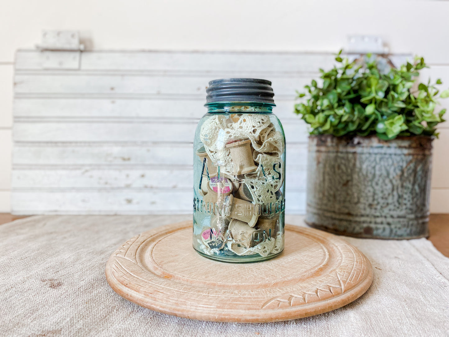Antique Glass Canning Jar with Spools and Lace | Atlas Strong Shoulder Blue Quart Jar with Zinc Porcelain Screw Top Lid | Instant Collection