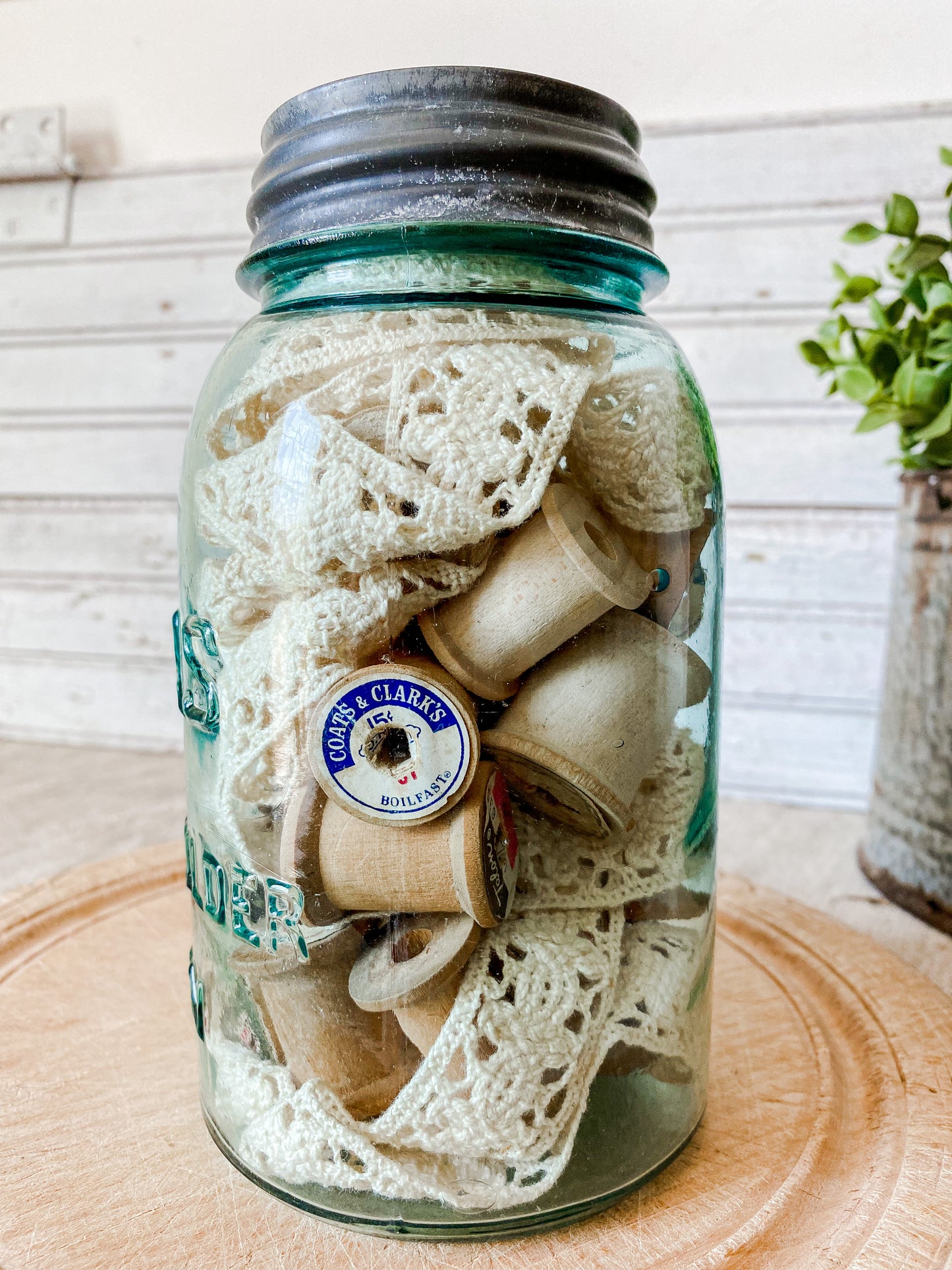Antique Glass Canning Jar with Spools and Lace | Atlas Strong Shoulder Blue Quart Jar with Zinc Porcelain Screw Top Lid | Instant Collection