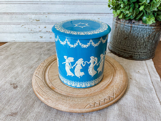 Vintage Wedgwood-Style Grecian Biscuit Tin | Blue and White Round Storage Tin | Made in England