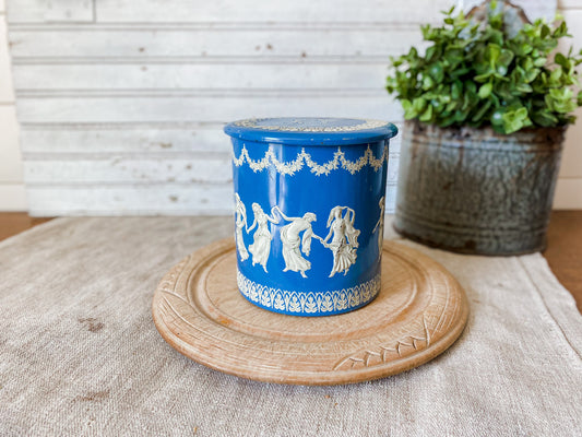 Vintage Wedgwood-Style Grecian Biscuit Tin | Blue and White Round Storage Tin | Made in Holland