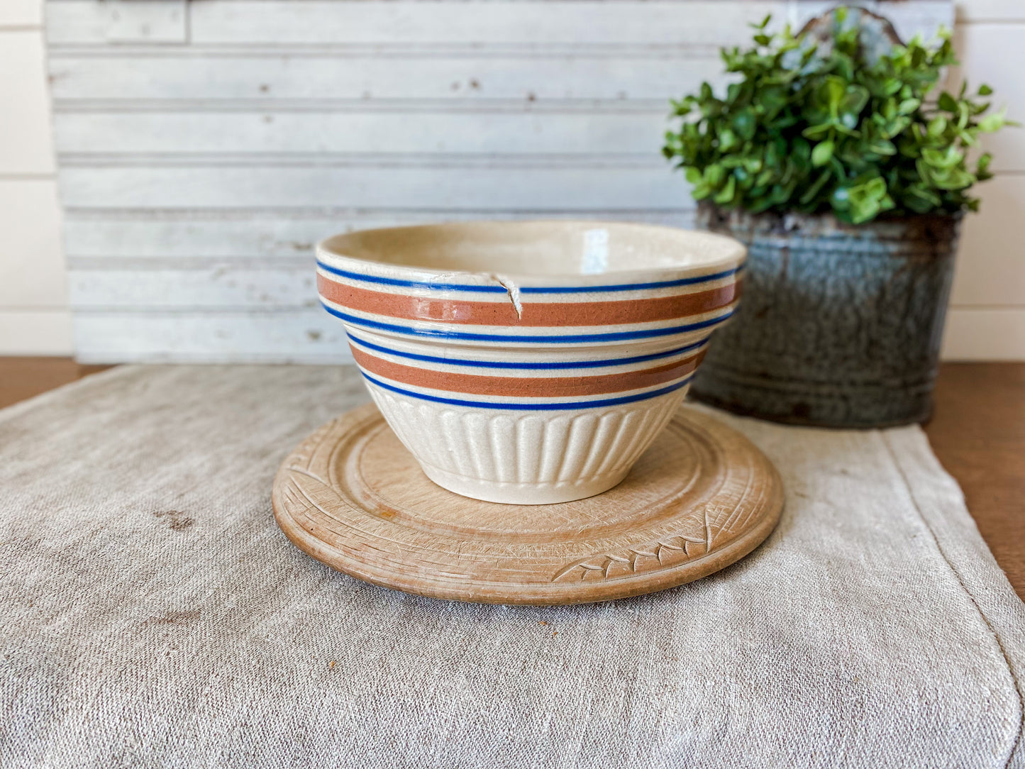 Antique Yellow Ware Ribbed Mixing Bowl | 8" Blue and Pink Striped Crock Bowl