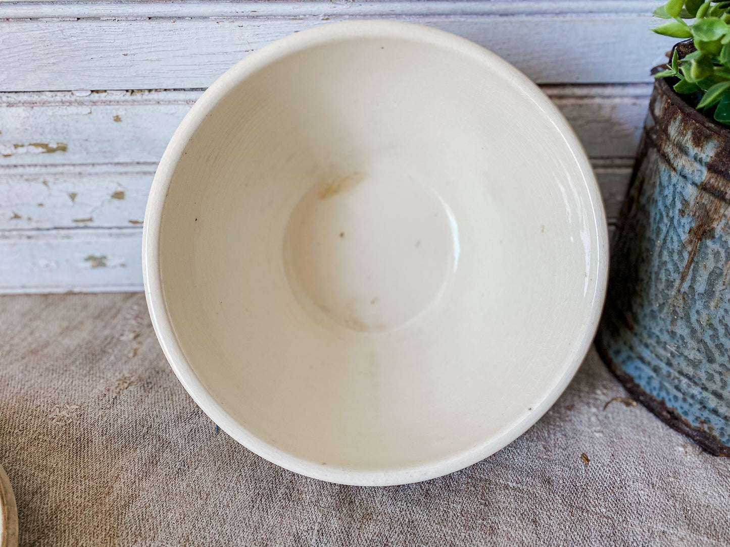 Antique Beehive Mixing Bowl with Lid | 7" Blue and Pink Striped Crock Bowl