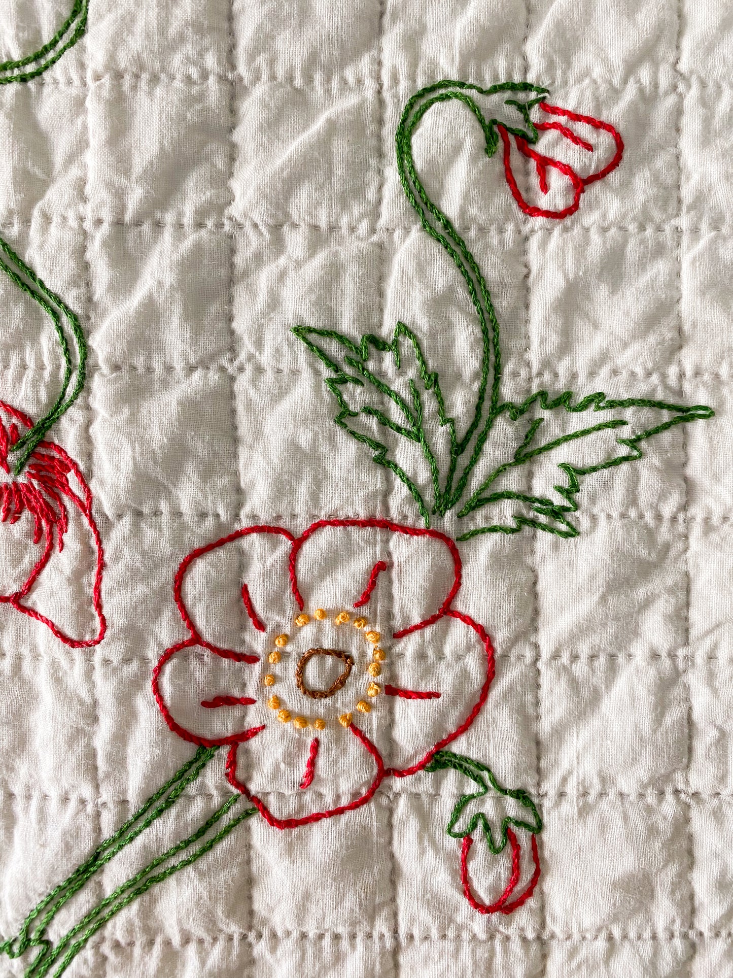 Vintage Yellow and White Quilt with Red Embroidered Flowers