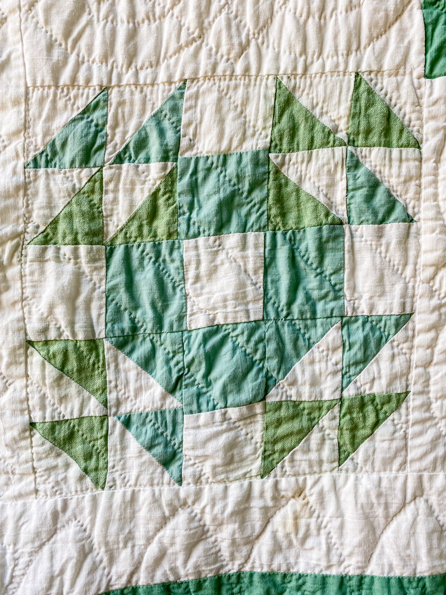 Vintage Green and White "Nest and Fledgling" Quilt