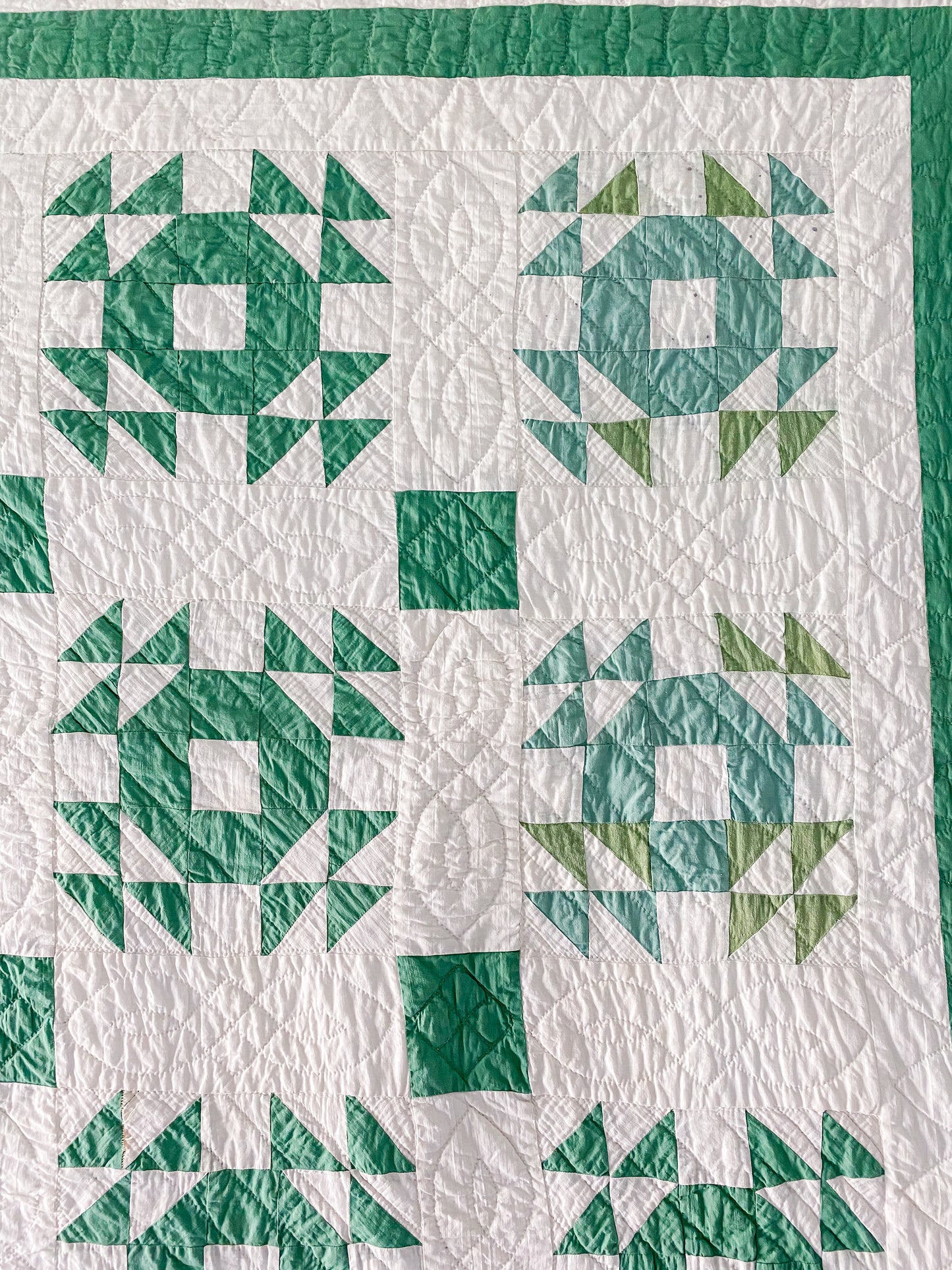 Vintage Green and White "Nest and Fledgling" Quilt