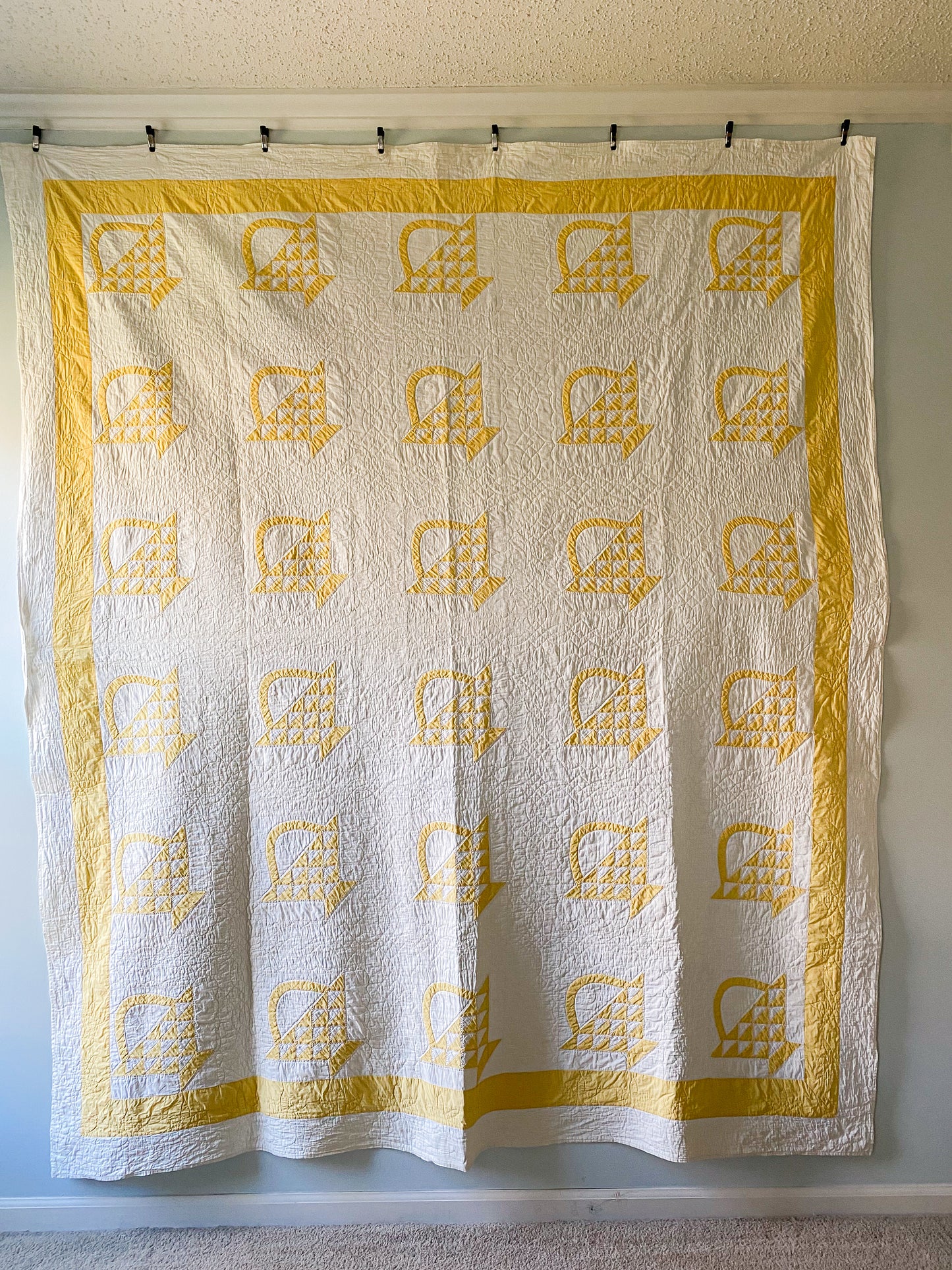 Vintage Yellow and White "Cherry Basket" Quilt