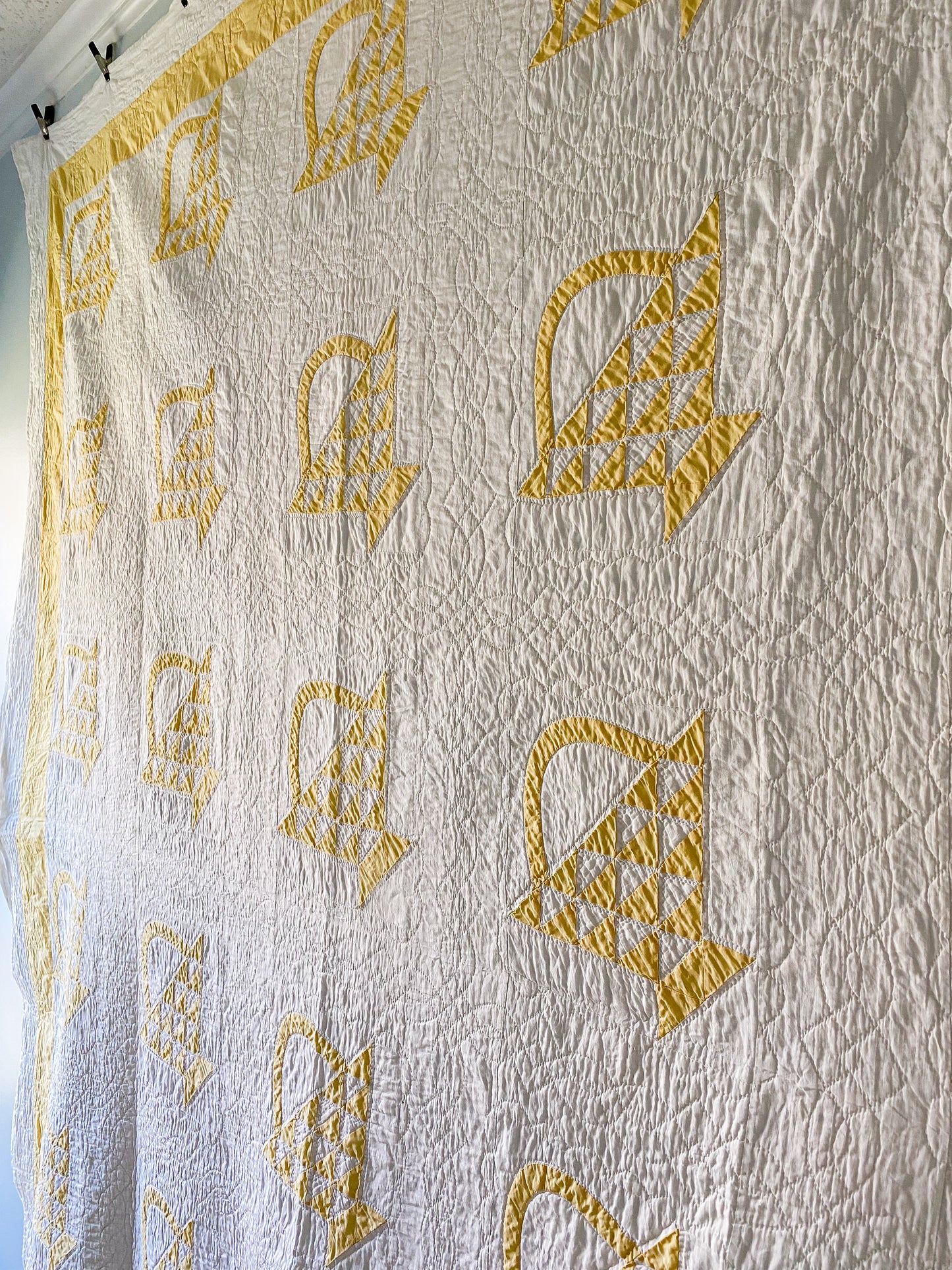 Vintage Yellow and White "Cherry Basket" Quilt