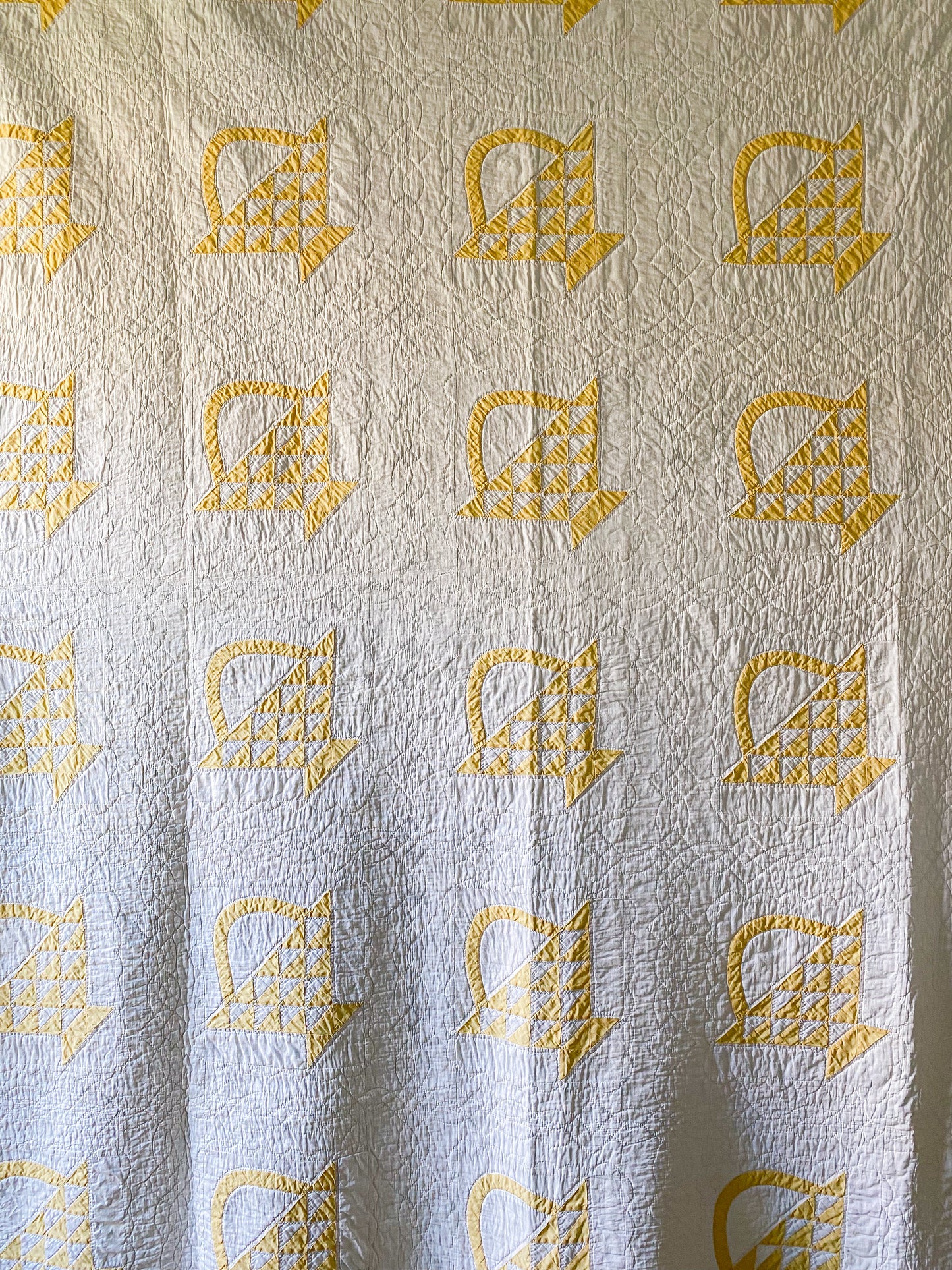 Vintage Yellow and White "Cherry Basket" Quilt