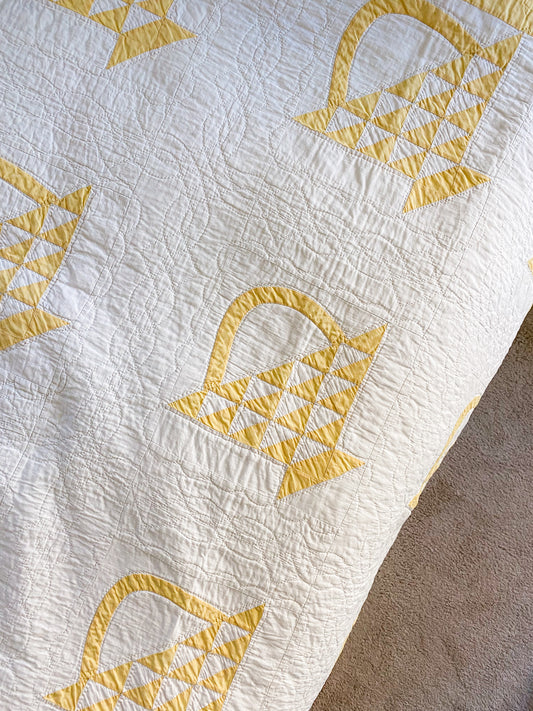 Vintage Yellow and White "Cherry Basket" Quilt