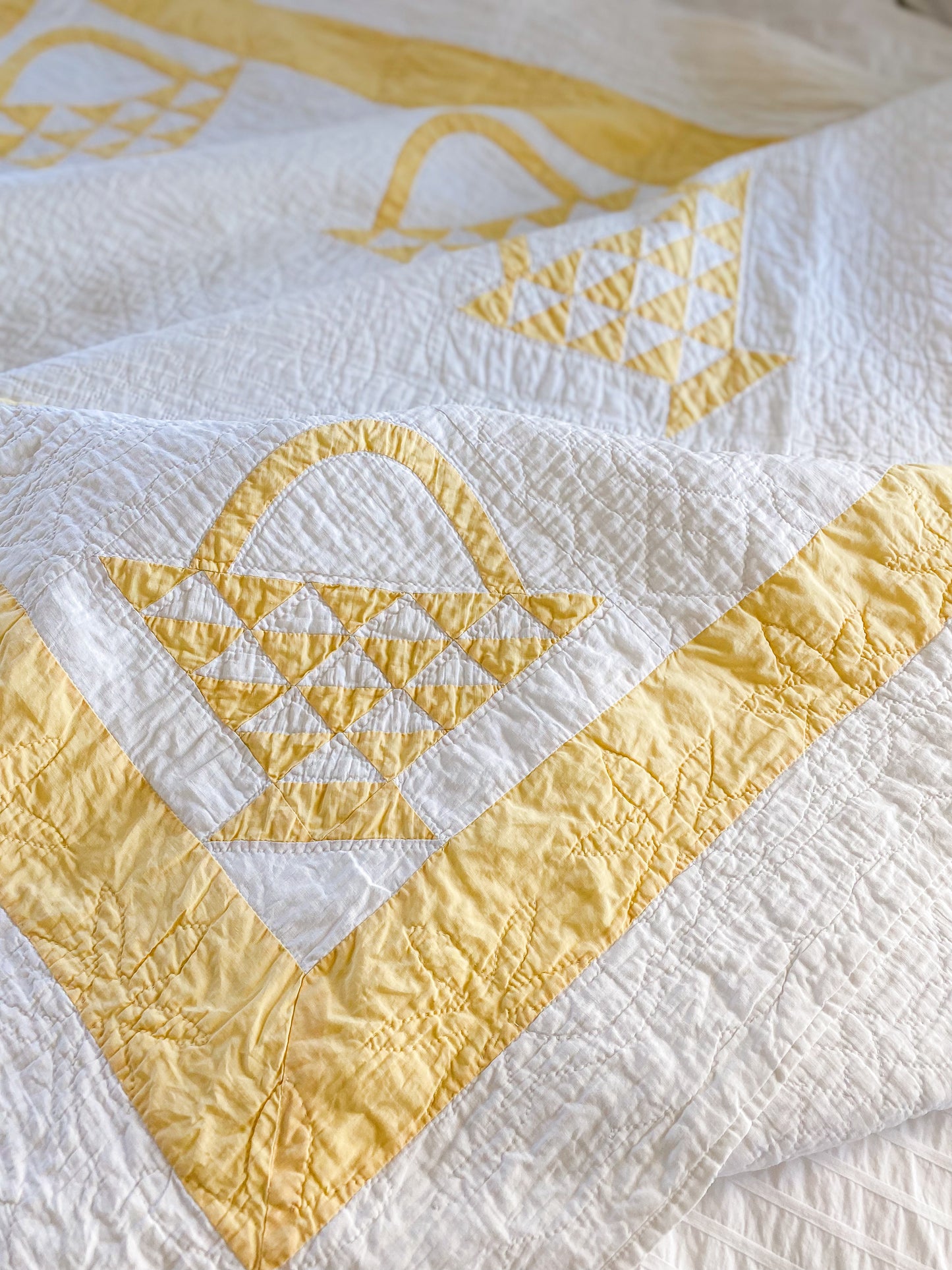 Vintage Yellow and White "Cherry Basket" Quilt