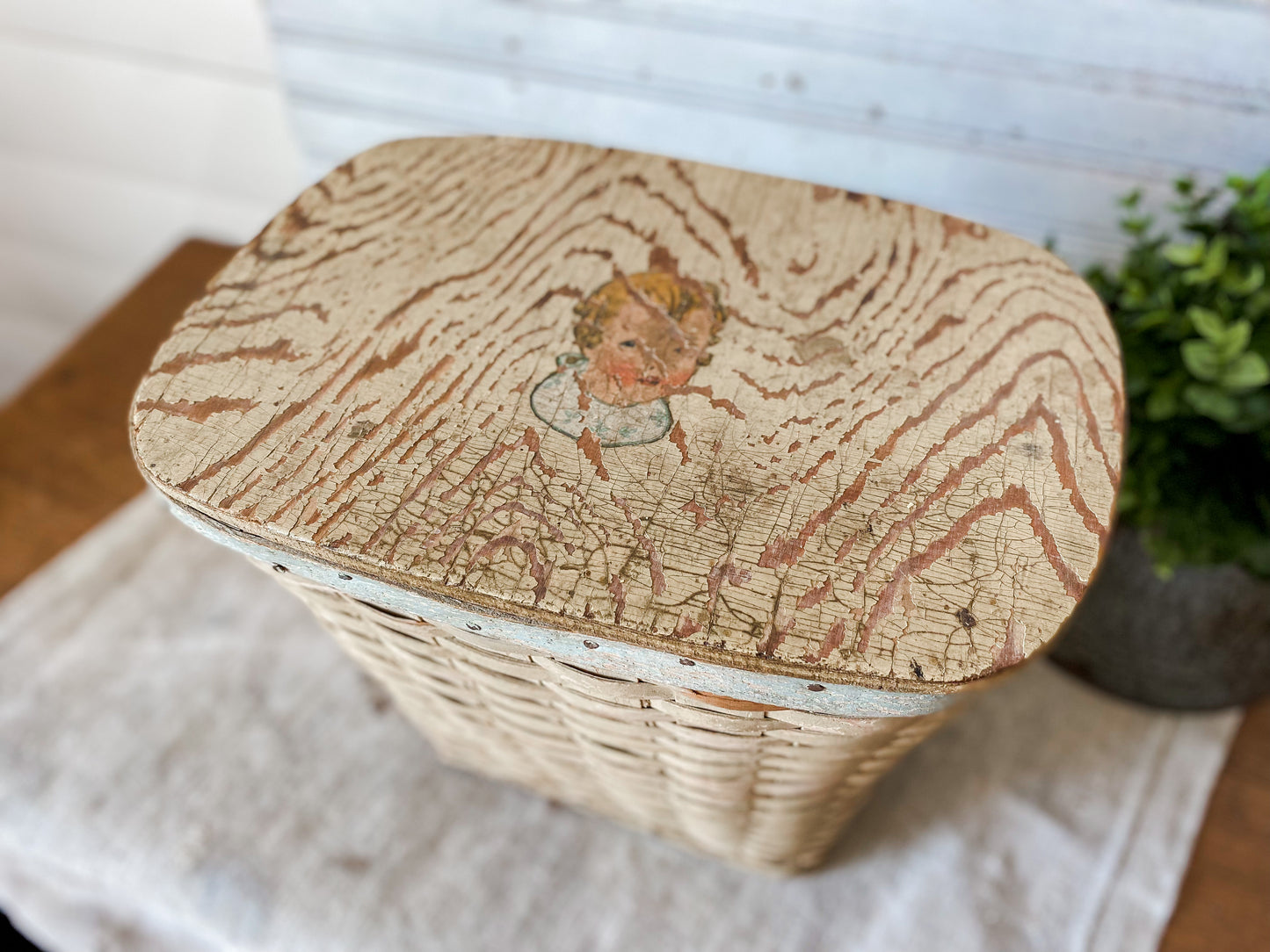 Vintage Wicker Baby Hamper | Chippy Blue Cream Painted Kids' Basket