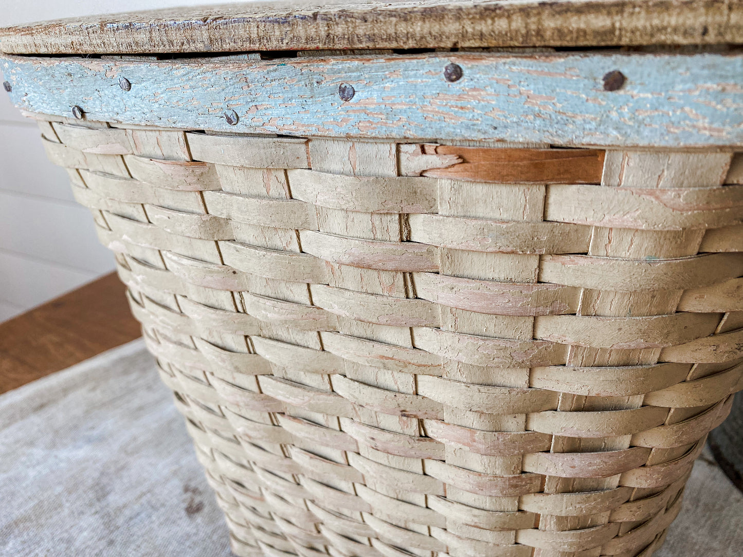 Vintage Wicker Baby Hamper | Chippy Blue Cream Painted Kids' Basket