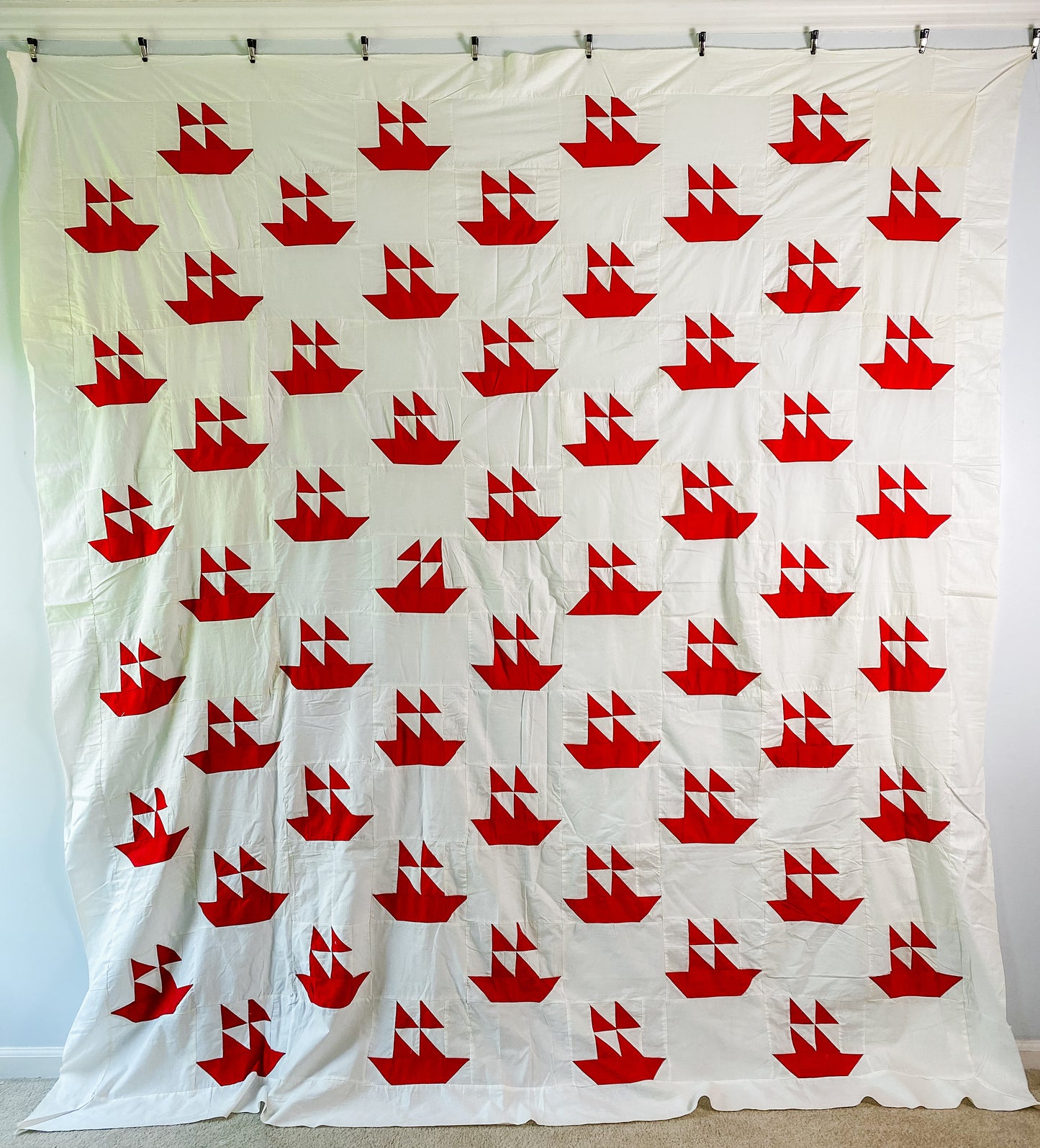 Vintage Red & White Sailboat Quilt TOP