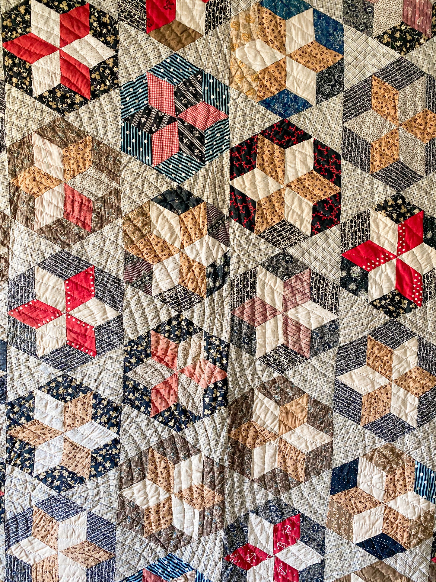 Antique Hexagon Six-Point Star Block Quilt, c1880