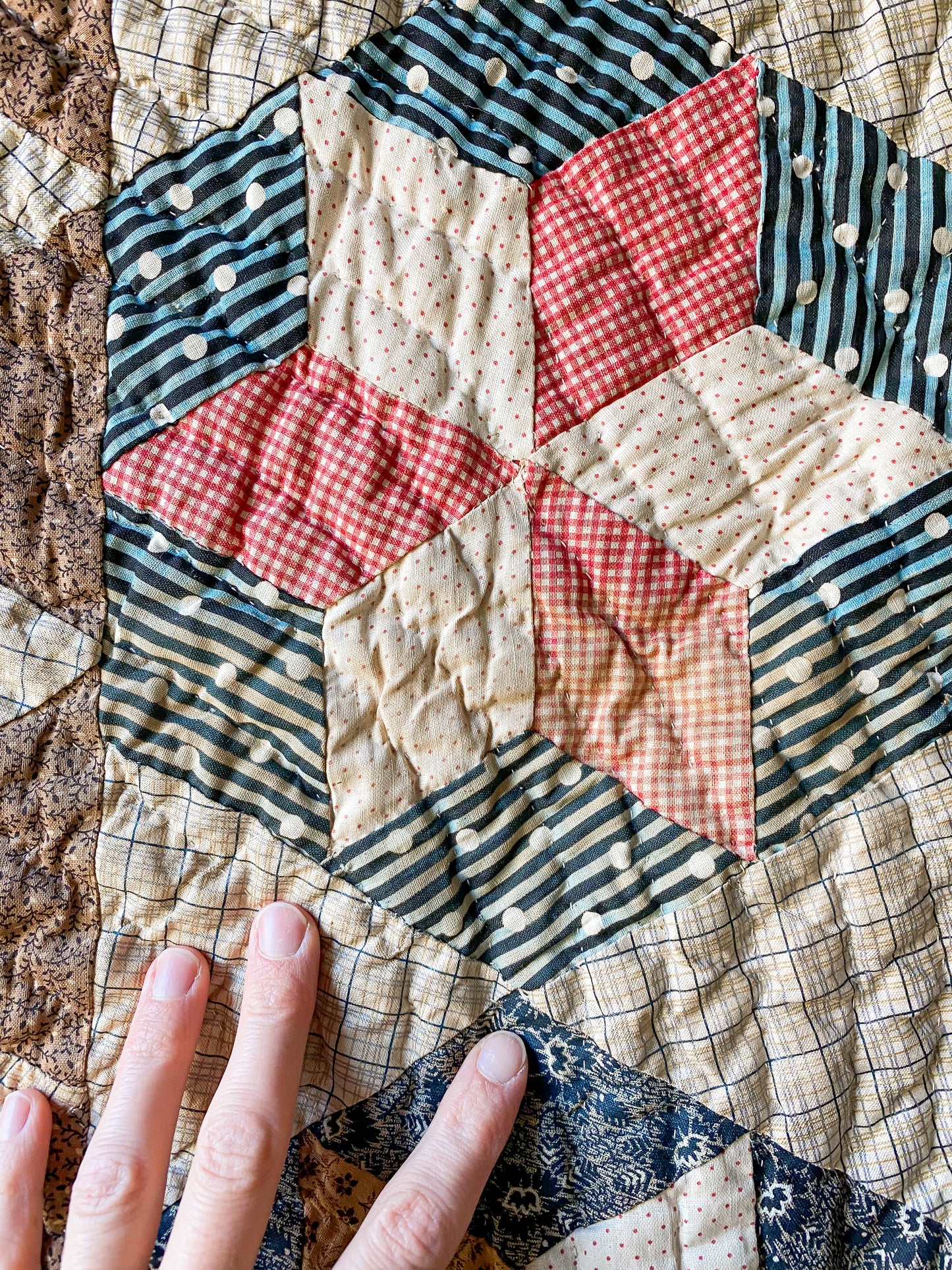 Antique Hexagon Six-Point Star Block Quilt, c1880