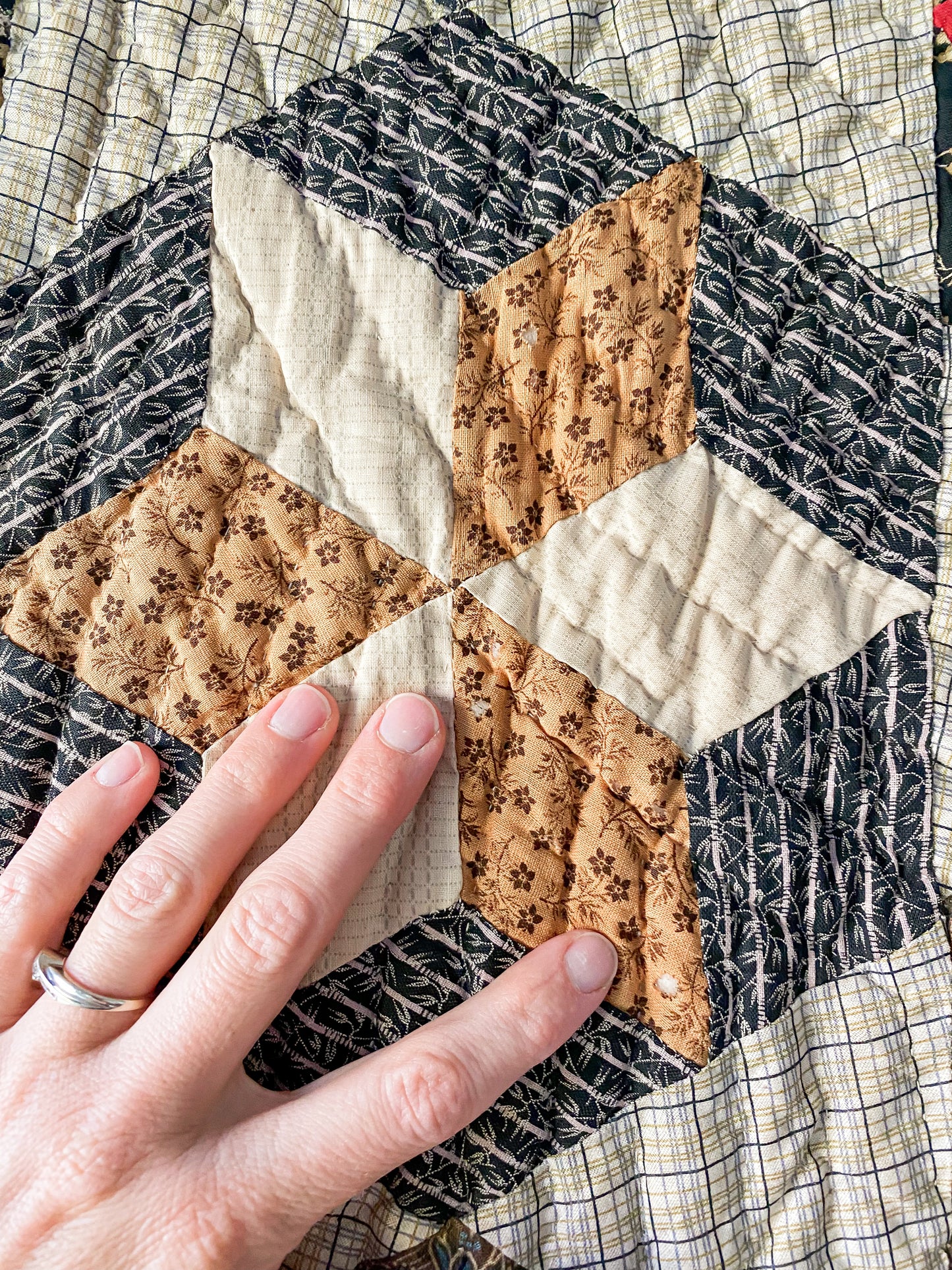 Antique Hexagon Six-Point Star Block Quilt, c1880