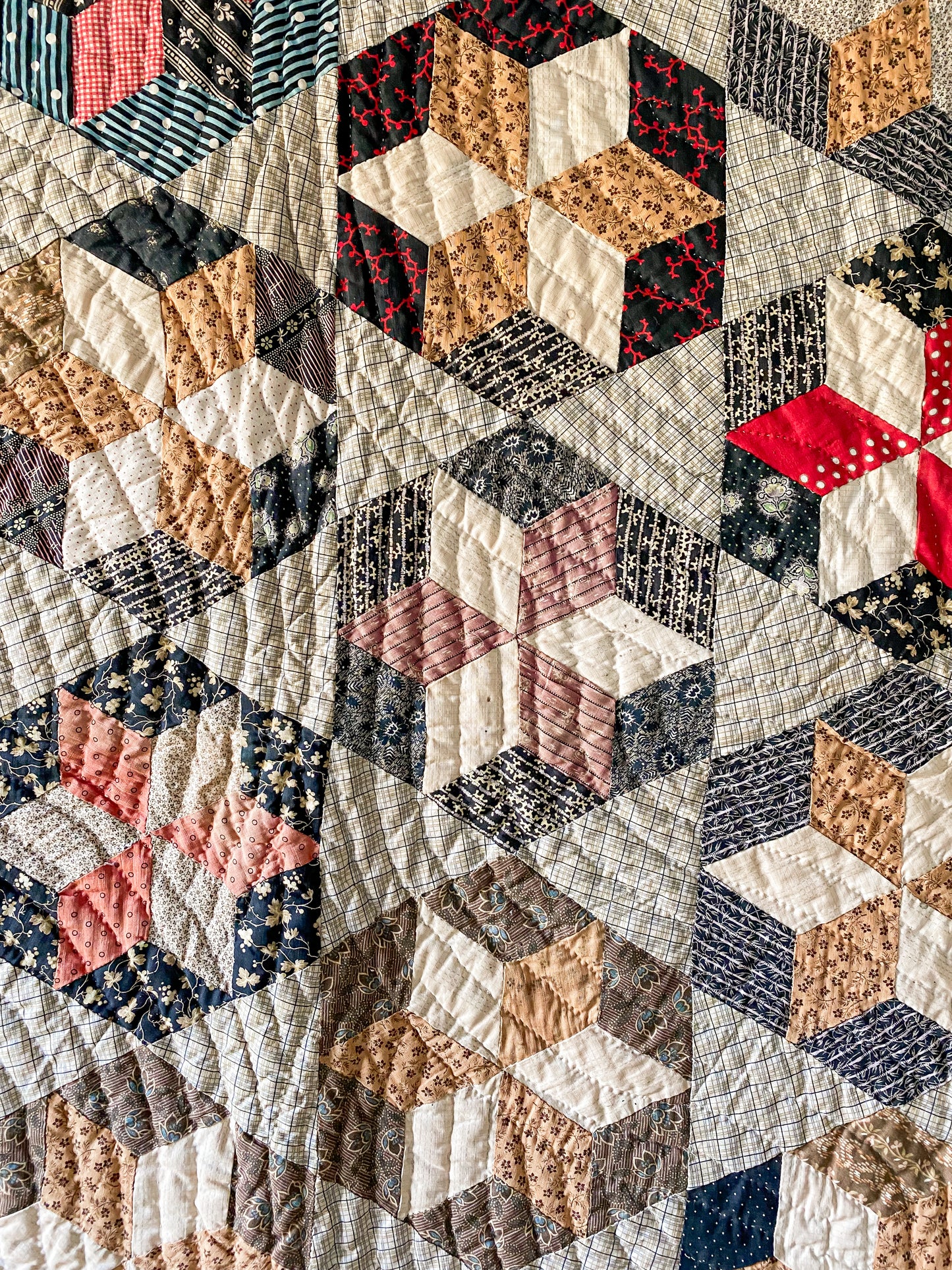 Antique Hexagon Six-Point Star Block Quilt, c1880