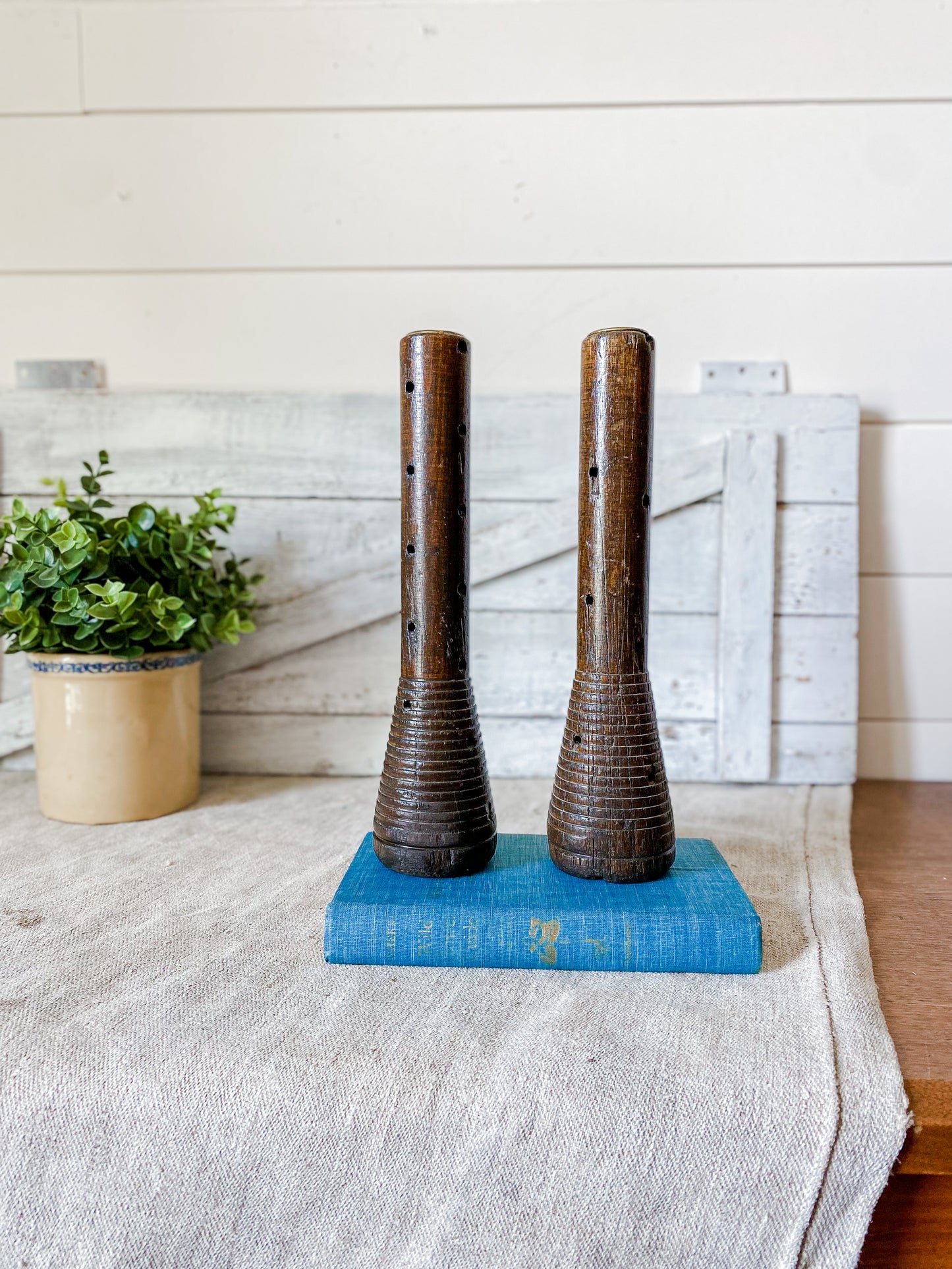 Vintage Pair of Wooden Beehive Spool Candle Holders | Dark Wood Candlesticks | Modern Rustic Farmhouse