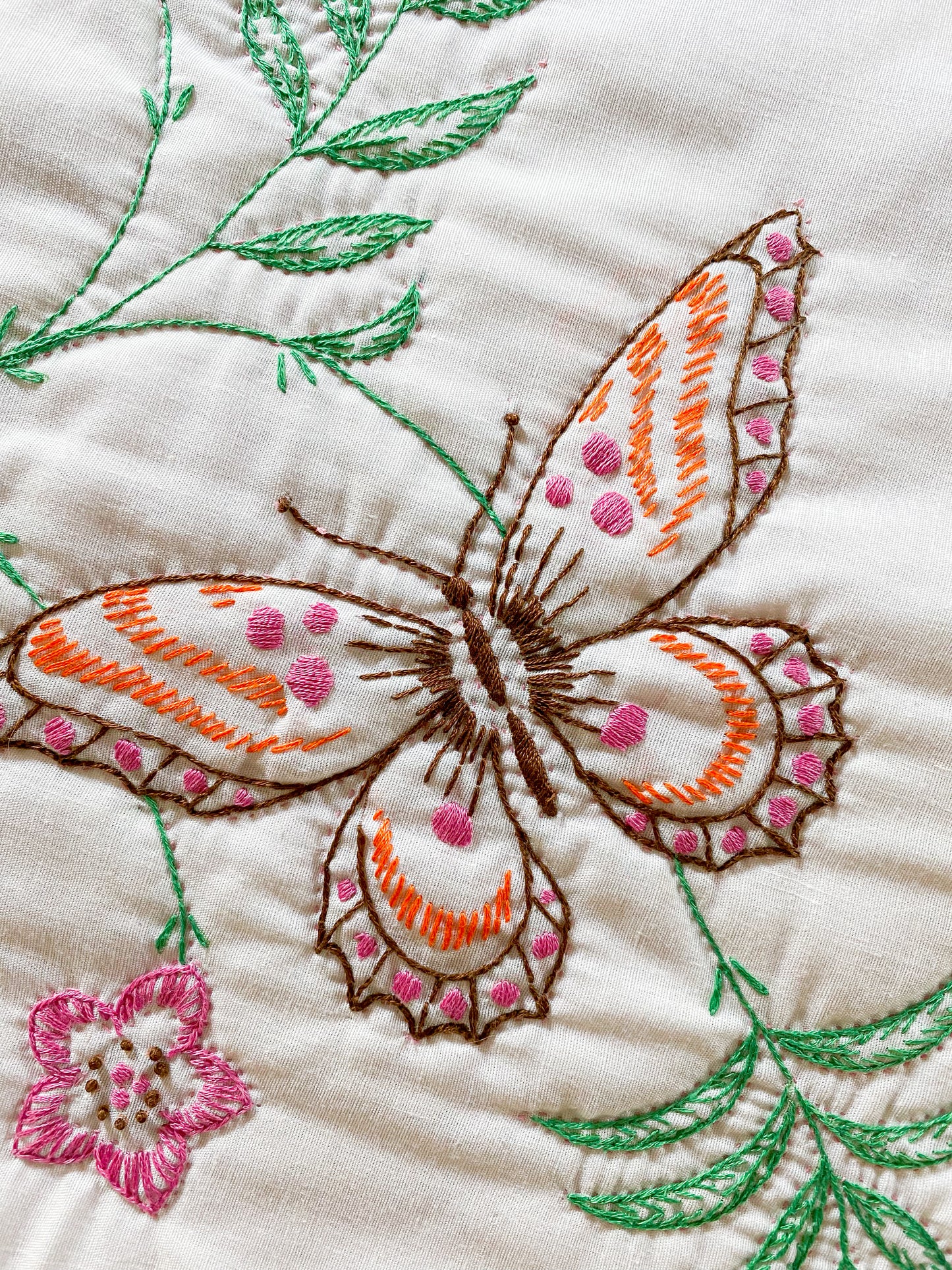 Vintage Pink and White Embroidered Queen Quilt | Butterflies and Flowers Blanket