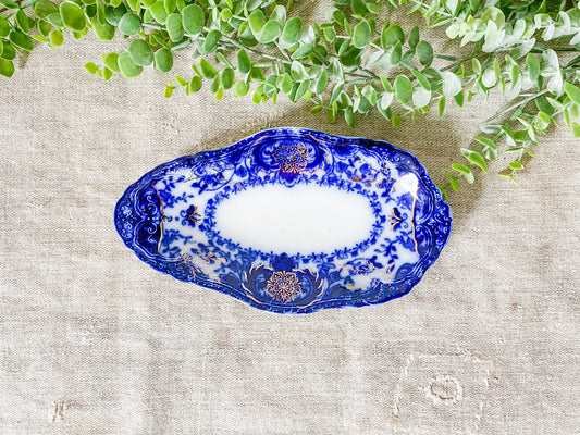 Antique Gilt Flow Blue Ironstone Relish Dish - Lakewood by Wood & Son
