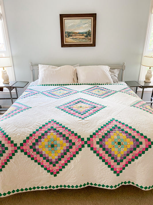 Vintage Around the World Rainbow Print Quilt | Queen Size Farmhouse Bedding