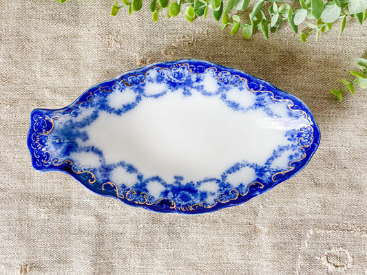Antique Gilt Flow Blue Ironstone Relish Dish - Ebor by Ridgway