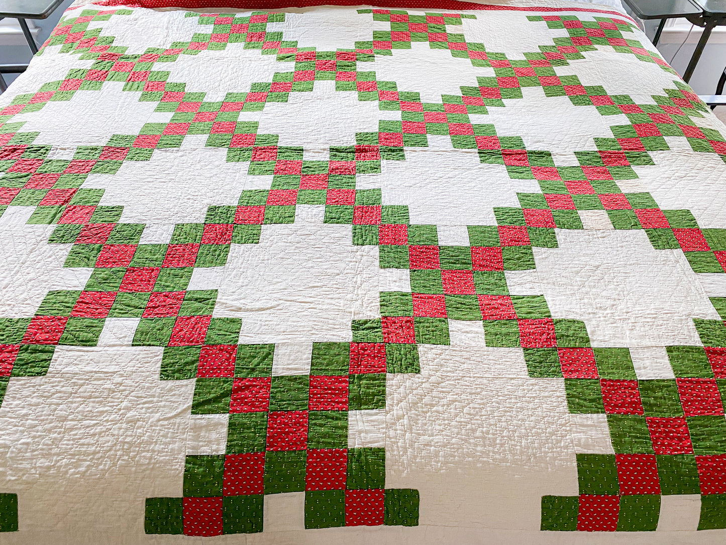 Antique Red and Green Double Irish Chain Quilt | c1860s Antique Blanket