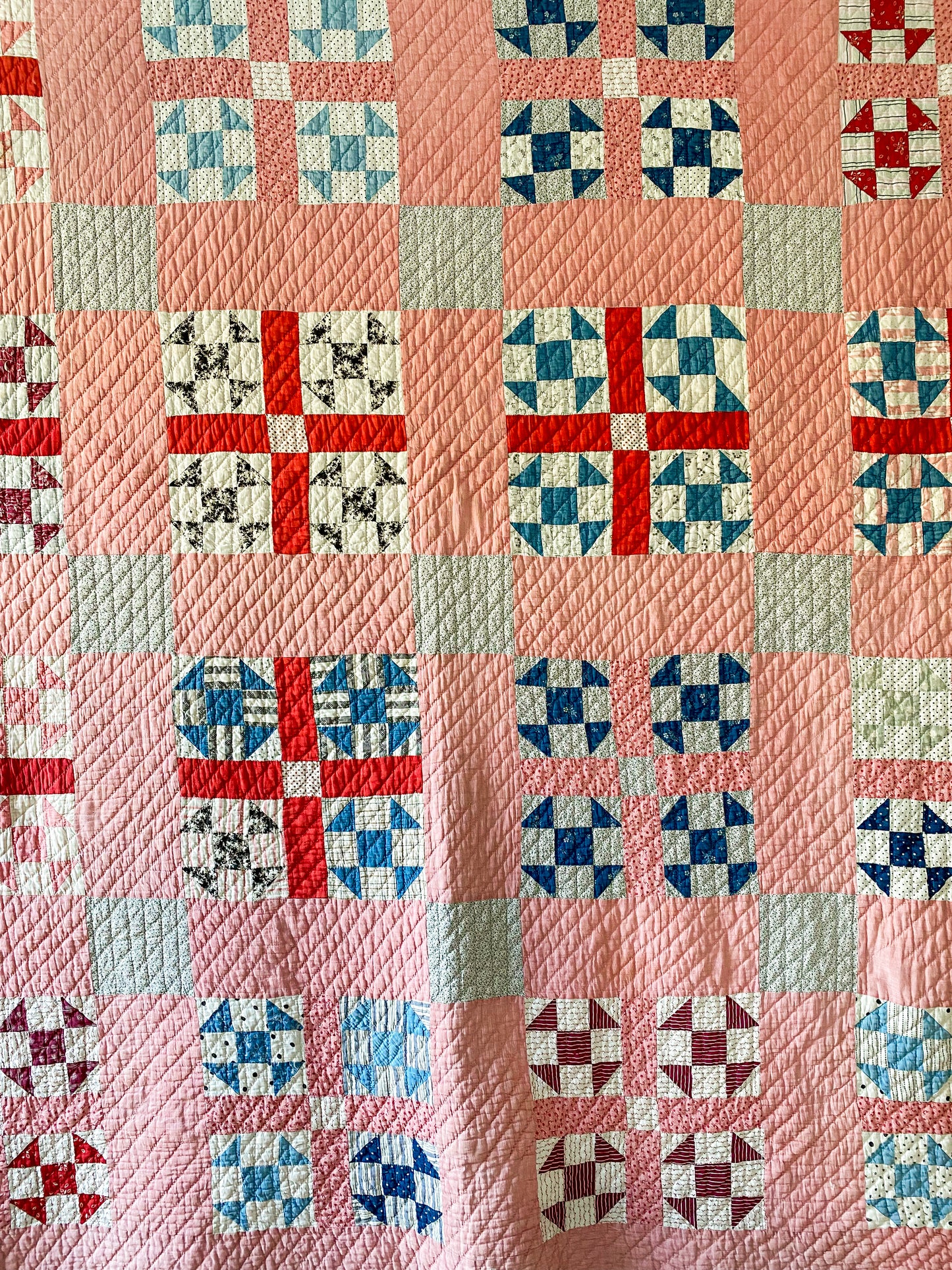 Antique Bachelor's Puzzle Variation Pink and Blue Quilt, c1900