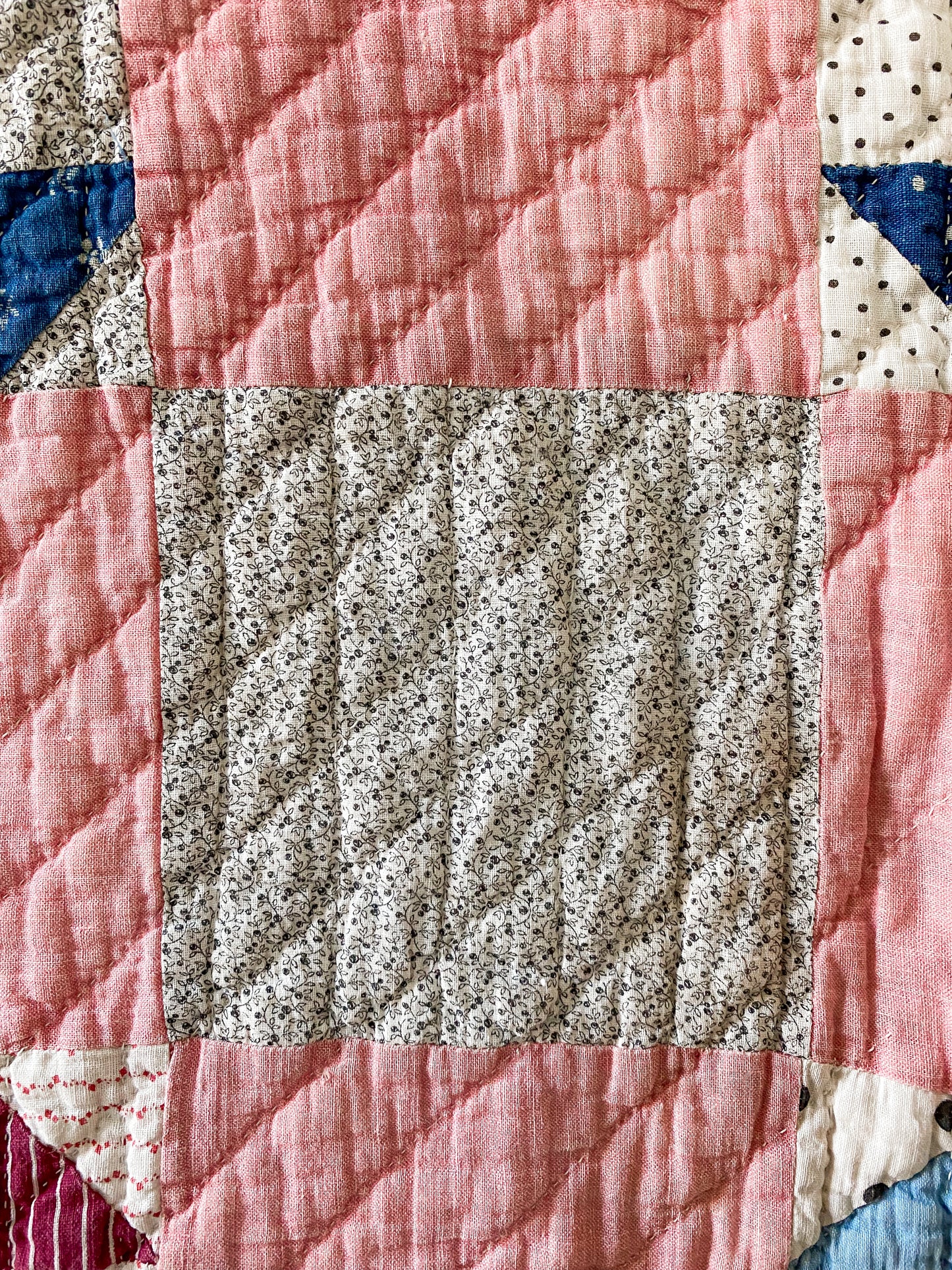 Antique Bachelor's Puzzle Variation Pink and Blue Quilt, c1900