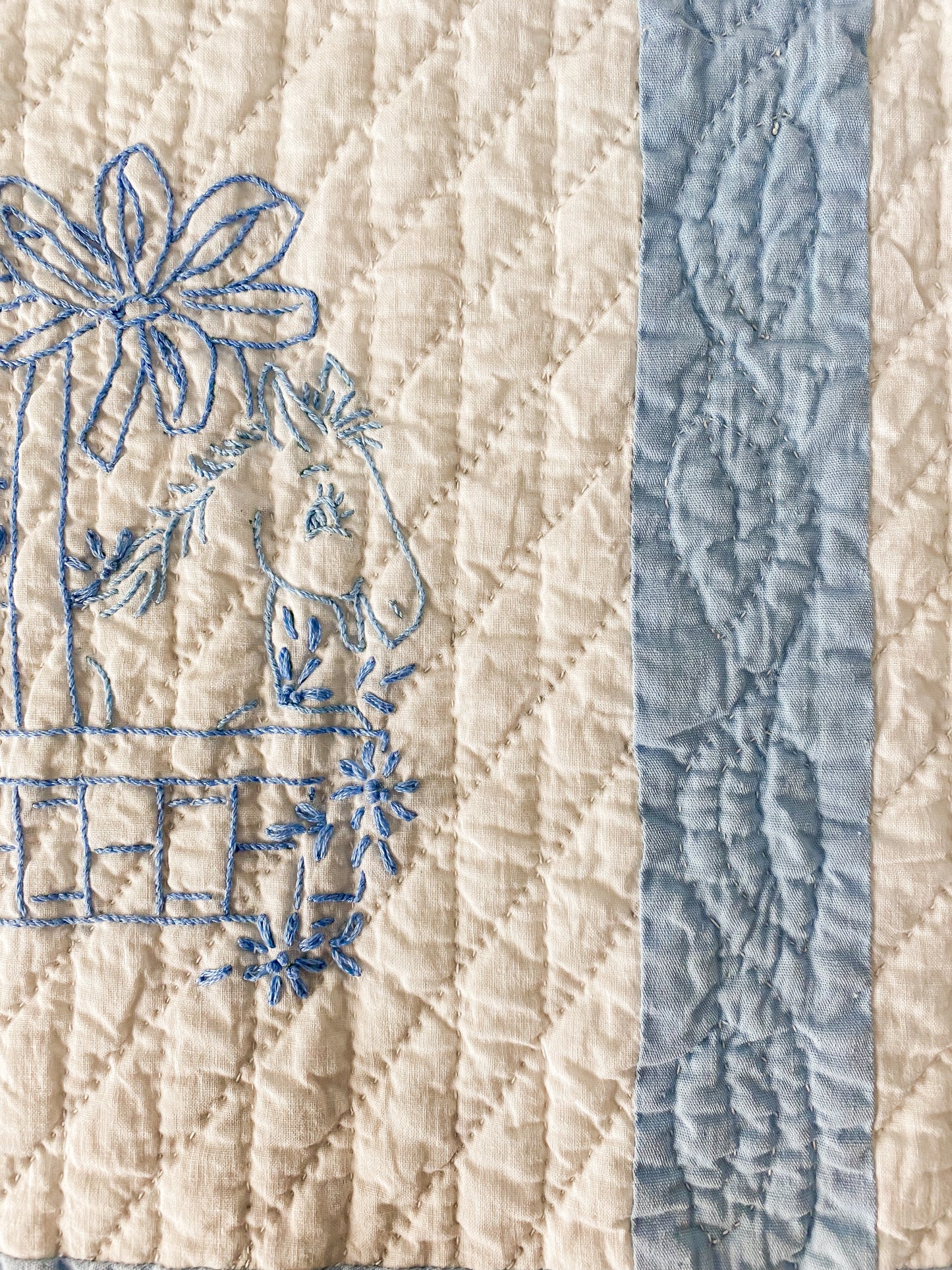 Vintage Blue and White Embroidered Crib Quilt